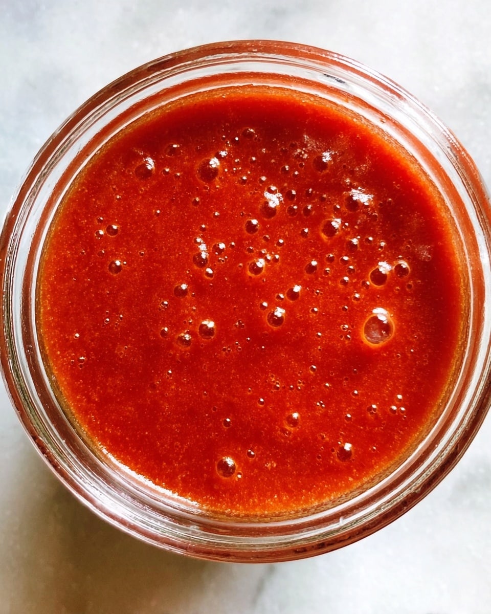 A close-up top view of a glass jar filled with a thick, smooth red sauce that has many small bubbles spread evenly across the surface. The jar is placed on a white marbled texture background. The sauce inside has a rich, vibrant red color with a glossy texture. photo taken with an iphone --ar 4:5 --v 7