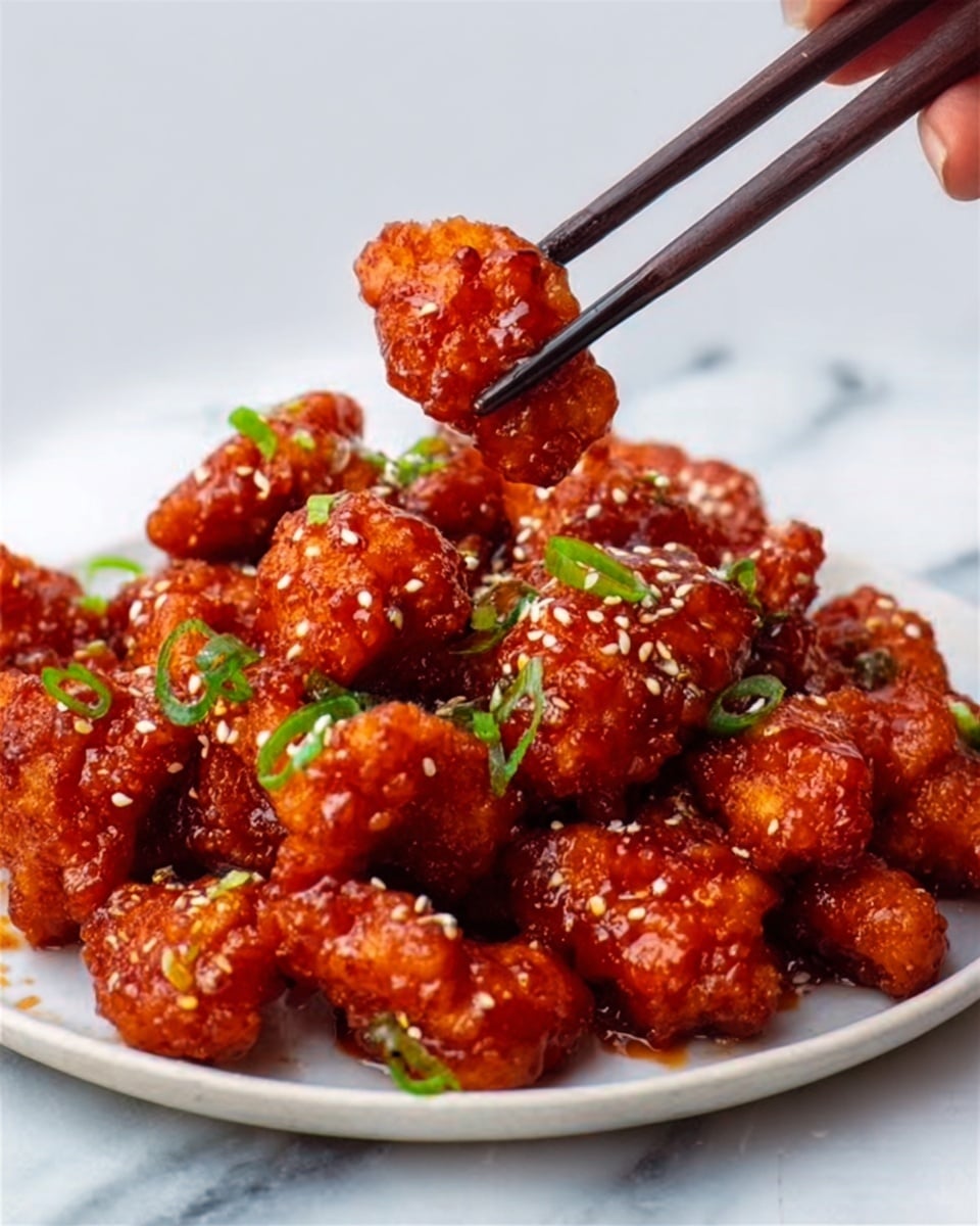 The image shows a close-up of crispy fried chicken pieces covered in a thick, shiny red-orange sauce. The sauce looks sticky and smooth, coating every piece evenly. Small white sesame seeds and chopped green onions are sprinkled on top, adding contrast and texture. A pair of dark wooden chopsticks held by a woman's hand is picking up one piece, lifting it above a pile of chicken on a white plate. The background is a clean white marbled surface. photo taken with an iphone --ar 4:5 --v 7
