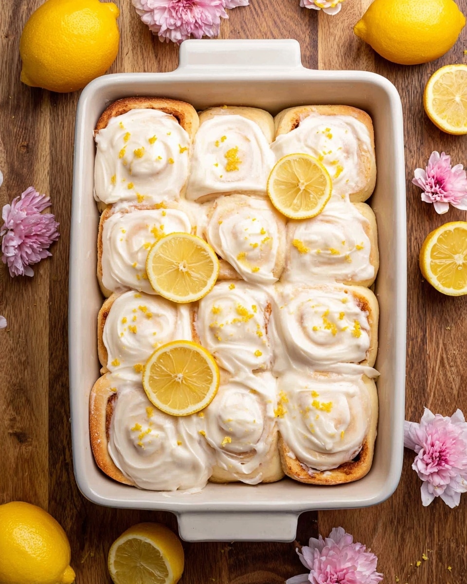 A white rectangular baking dish holds nine lemon rolls arranged in a 3x3 grid, each roll covered with a thick layer of white creamy icing with visible swirls and small sprinkles of lemon zest on top; two lemon slices are placed on top of the rolls in the center and bottom right, adding a bright yellow contrast. The dish is set on a wooden surface surrounded by three whole bright yellow lemons, two lemon halves, and three light pink flowers scattered around, creating a warm and fresh atmosphere. photo taken with an iphone --ar 4:5 --v 7