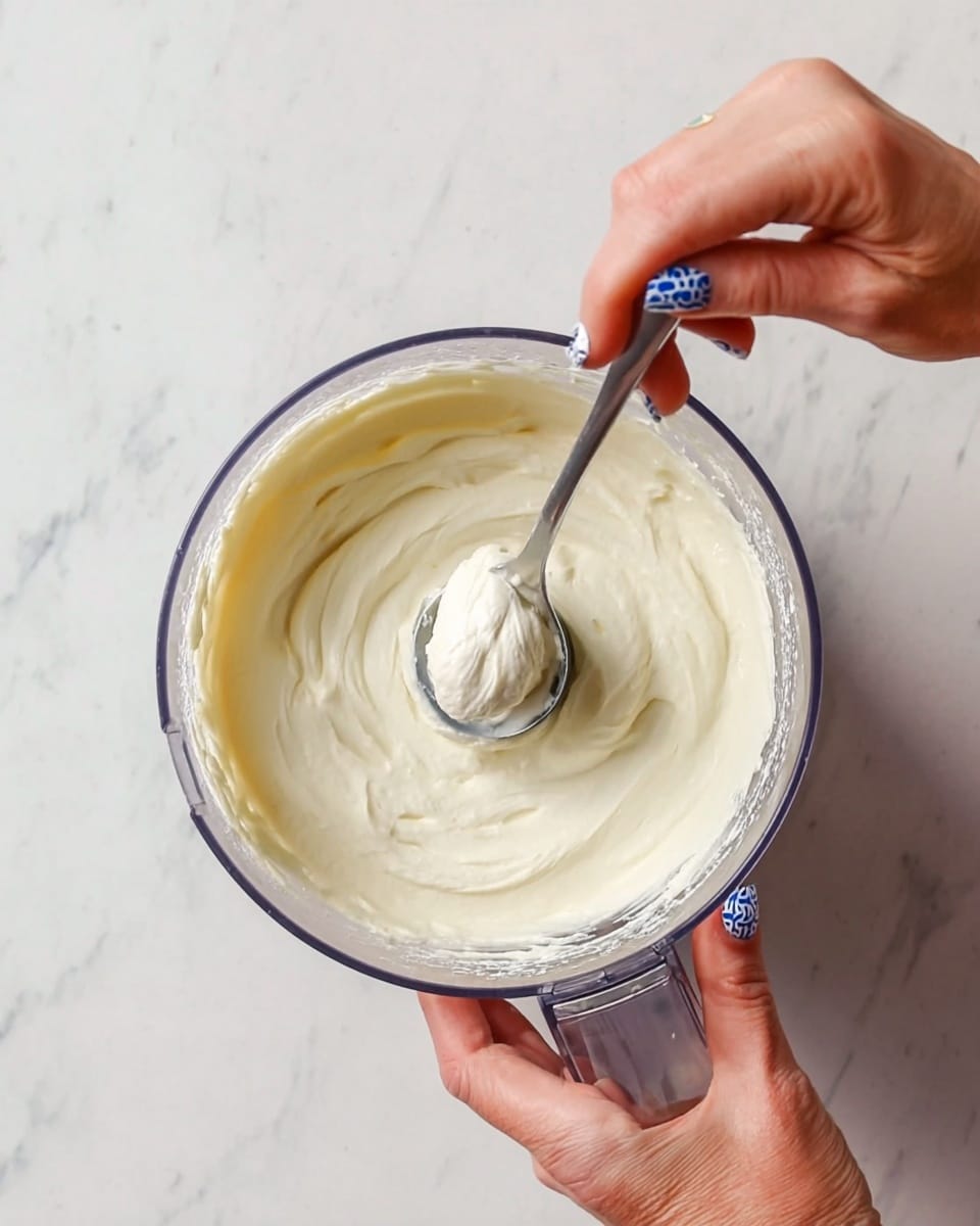 A clear food processor bowl filled with smooth, creamy white mixture that has a soft, thick texture. The bowl is held steady by a woman's hand with blue and white patterned nails, pressing gently on the side. Another woman's hand, holding a silver spoon, is making a small swirl pattern on the surface of the creamy mixture. The background shows a white marbled countertop, adding a clean and bright feel to the scene. photo taken with an iphone --ar 4:5 --v 7