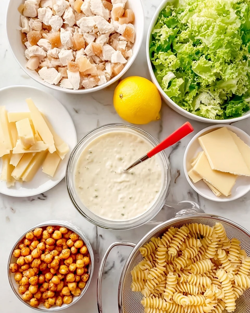 The image shows six elements arranged on a white marbled surface: a white bowl filled with chopped cooked chicken pieces at the top left, a halved lemon with bright yellow flesh in the center, a white bowl of finely chopped green lettuce at the top right, a small white plate holding pale yellow slices of cheese and butter at the left center, a clear glass bowl with a creamy white sauce mixed by a spoon with a red handle in the middle, a small bowl full of spiced roasted chickpeas at the bottom left, and a metal colander on the right side containing pale yellow spiral pasta. Photo taken with an iphone --ar 4:5 --v 7