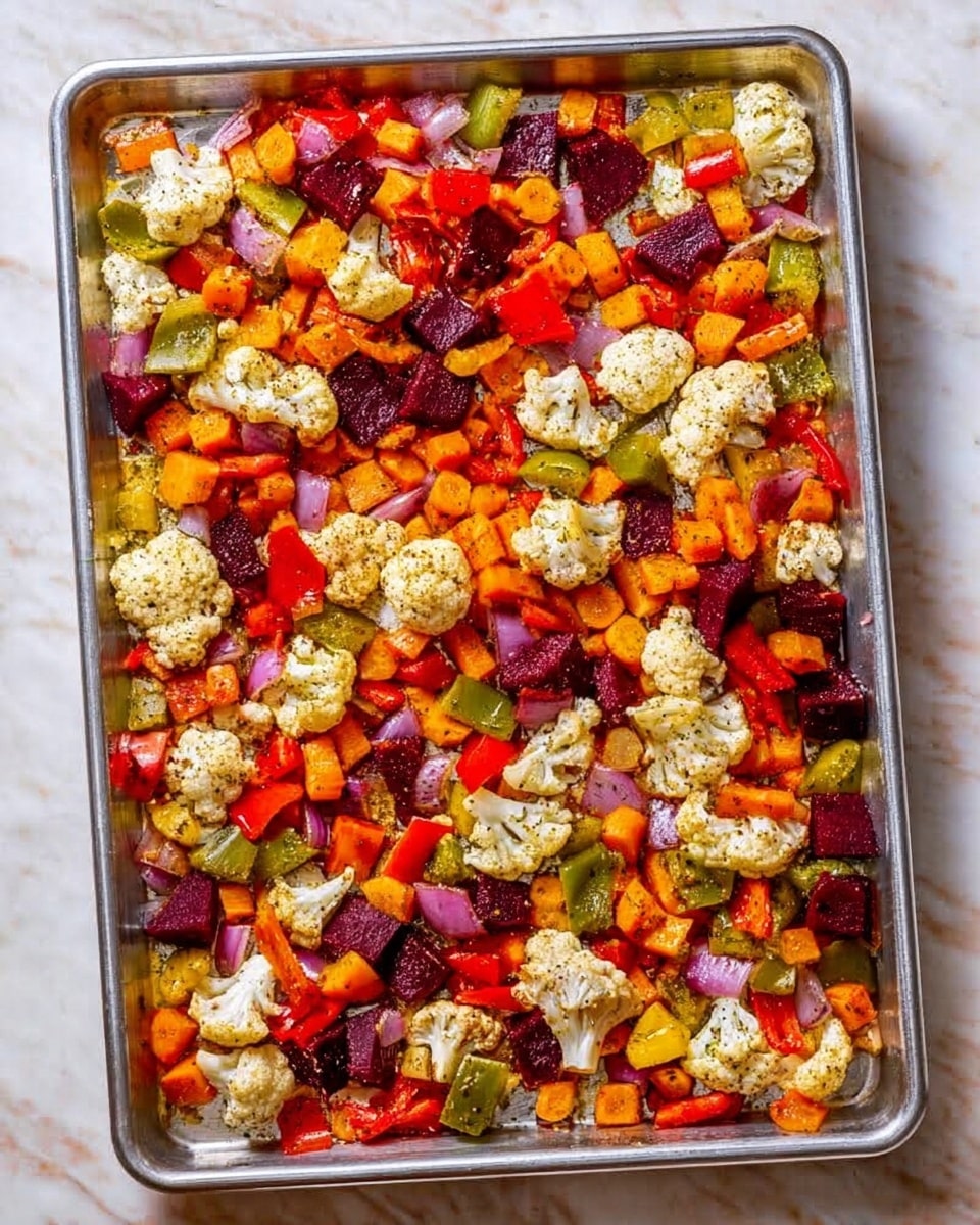 A metal baking tray filled with a colorful mix of roasted vegetables evenly spread in one layer. The vegetables include bright orange carrot slices, creamy white cauliflower florets, deep red beet chunks, green bell pepper pieces, red bell pepper slices, and small bits of purple onion. The vegetables have a slightly crispy, roasted texture with some herbs or seasoning sprinkled over them. The tray sits on a white marbled surface. photo taken with an iphone --ar 4:5 --v 7
