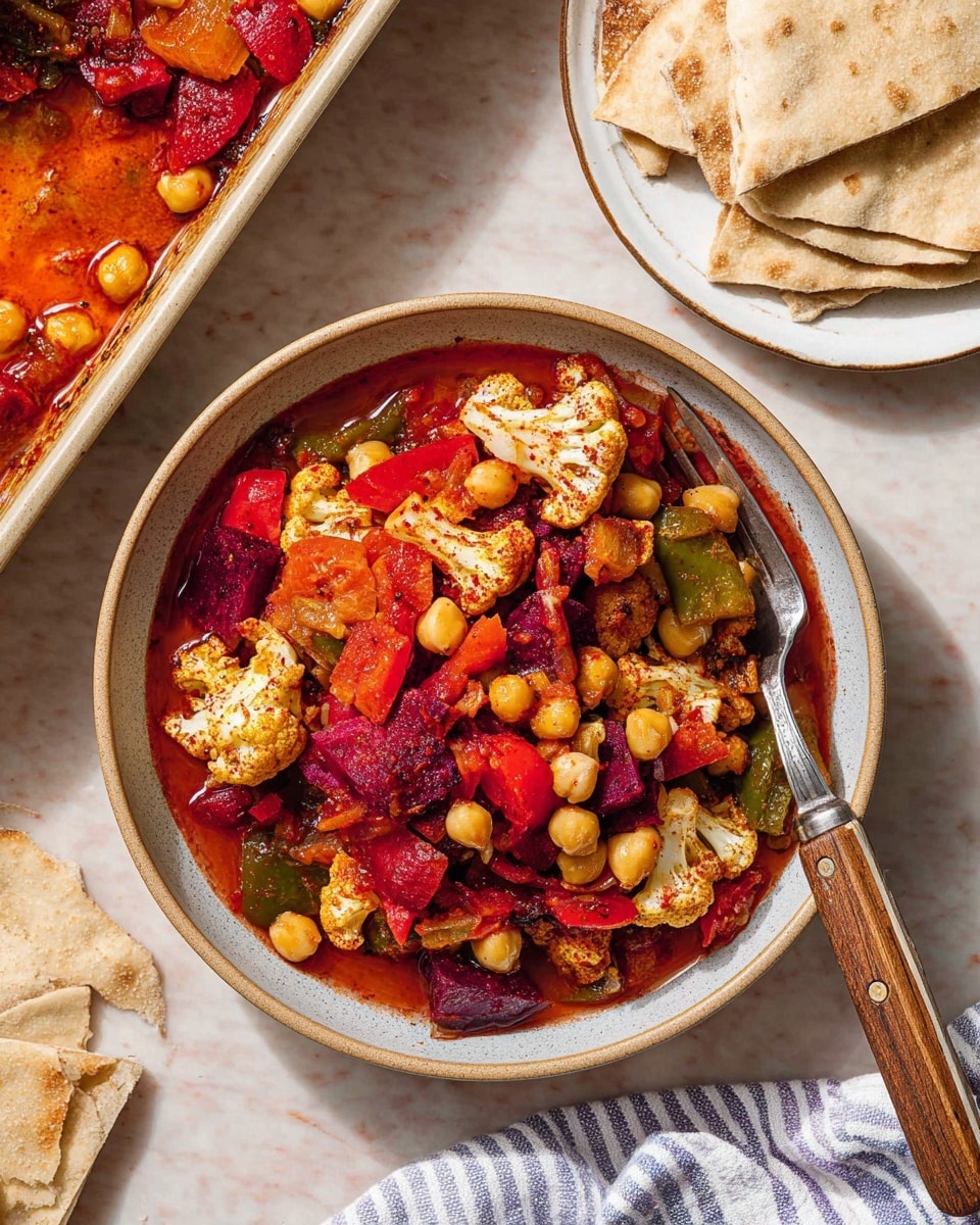 The image shows a white roasting pan filled with a colorful mix of roasted vegetables and chickpeas. The dish has many layers: large chunks of deep purple beets scattered throughout, bright orange carrot pieces, creamy white cauliflower florets, red and green pepper slices, and brown roasted onions. Light tan chickpeas are spread evenly on top, adding a round texture. A brass spoon with a long handle rests on the right side of the pan, slightly digging into the vegetables. The pan sits on a white marbled surface with soft natural light highlighting the rich colors of the roasted vegetables photo taken with an iphone --ar 4:5 --v 7