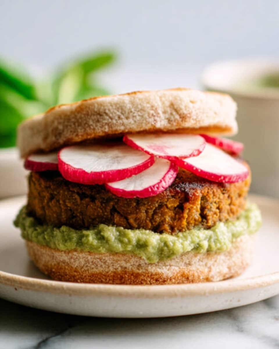 A sandwich sits on a white plate with a side of fresh spinach leaves. The sandwich has three main layers: at the bottom, a round, lightly toasted English muffin with a slightly rough texture; in the middle, a thick, golden-brown fried patty with a crispy surface; on top of the patty, a smooth, green spread that looks creamy, followed by thin oval slices of radish and fresh spinach leaves. The top layer is the other half of the toasted English muffin. The plate rests on a light cloth with red and beige stripes, with a soft white marbled background behind. Photo taken with an iphone --ar 4:5 --v 7