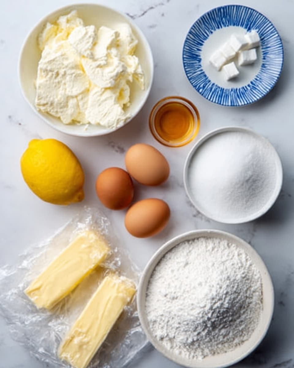 The image shows several cooking ingredients placed on a white marbled surface. There is a white bowl filled with soft white cheese on the left side, and near it, three brown eggs are arranged in a small group. A yellow lemon is placed near the center, and next to it, a small amount of amber-colored liquid is in a tiny glass bowl. There are two sticks of butter wrapped in paper at the bottom left, and a white bowl filled with white flour is on the top right. A small blue and white plate holds some small white pieces, possibly salt or sugar, positioned near the top left. At the bottom right, there is a white bowl filled with granulated white sugar. photo taken with an iphone --ar 4:5 --v 7