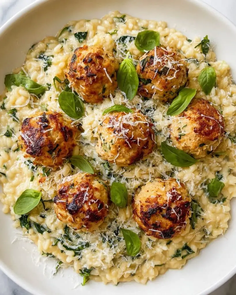 Baked Chicken Ricotta Meatballs with Creamy Spinach Orzo Recipe