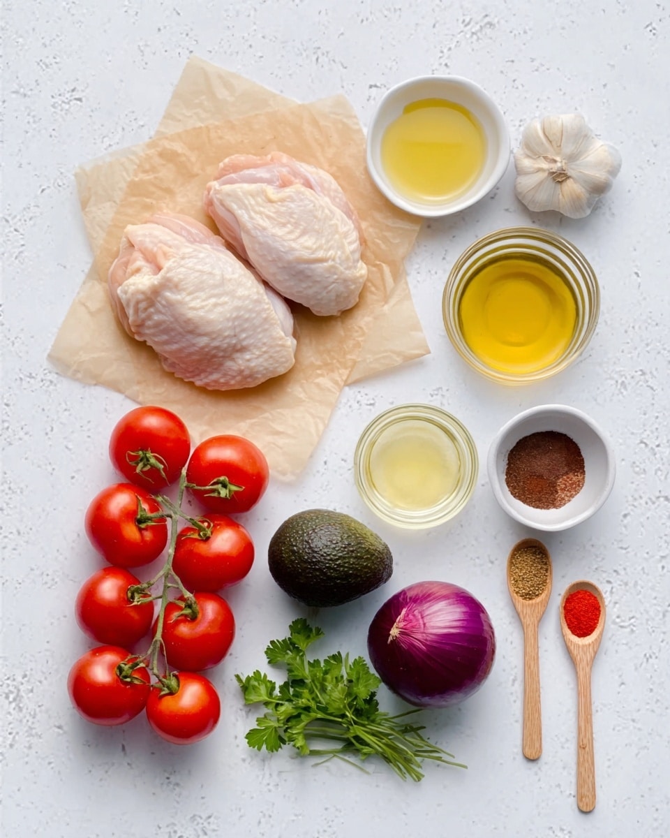 The image shows ingredients neatly arranged on a white marbled textured surface. At the center top, two raw chicken pieces rest on brown parchment paper. Around them, there are clear white bowls holding light yellow oil, minced garlic, pale yellow vinegar, and bright yellow honey. Below, a bunch of red tomatoes still on the vine sits on the left, next to a dark green avocado, and on the right is a small bunch of green parsley and a whole purple onion. Three small wooden spoons hold different spices in shades of red and brown, positioned in the middle right area. The scene is clean and bright, highlighting each ingredient’s color and texture. Photo taken with an iphone --ar 4:5 --v 7