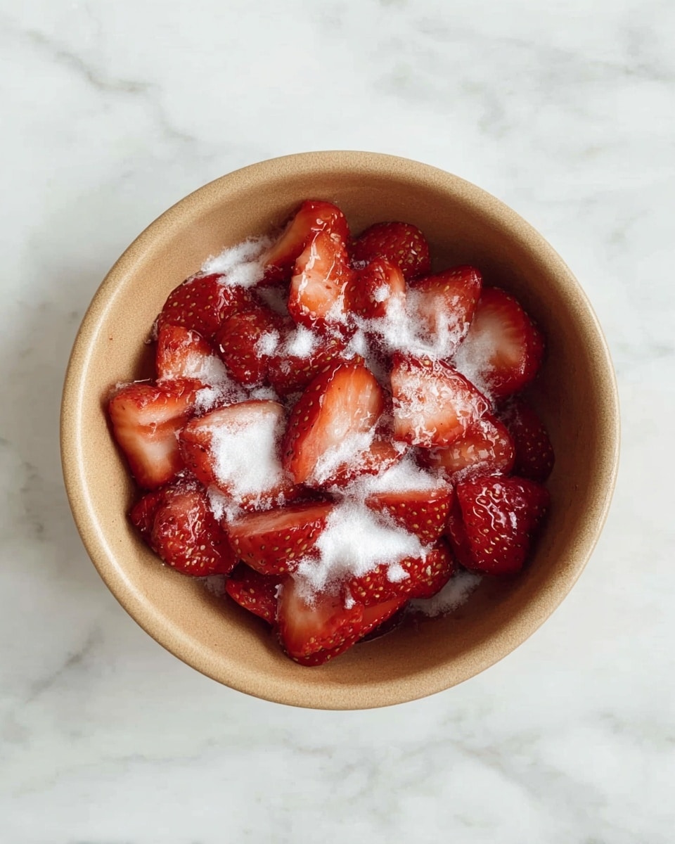 A single layer of bright red sliced strawberries fills a light brown bowl, dusted unevenly with white granulated sugar on top, all sitting on a white marbled surface. photo taken with an iphone --ar 4:5 --v 7