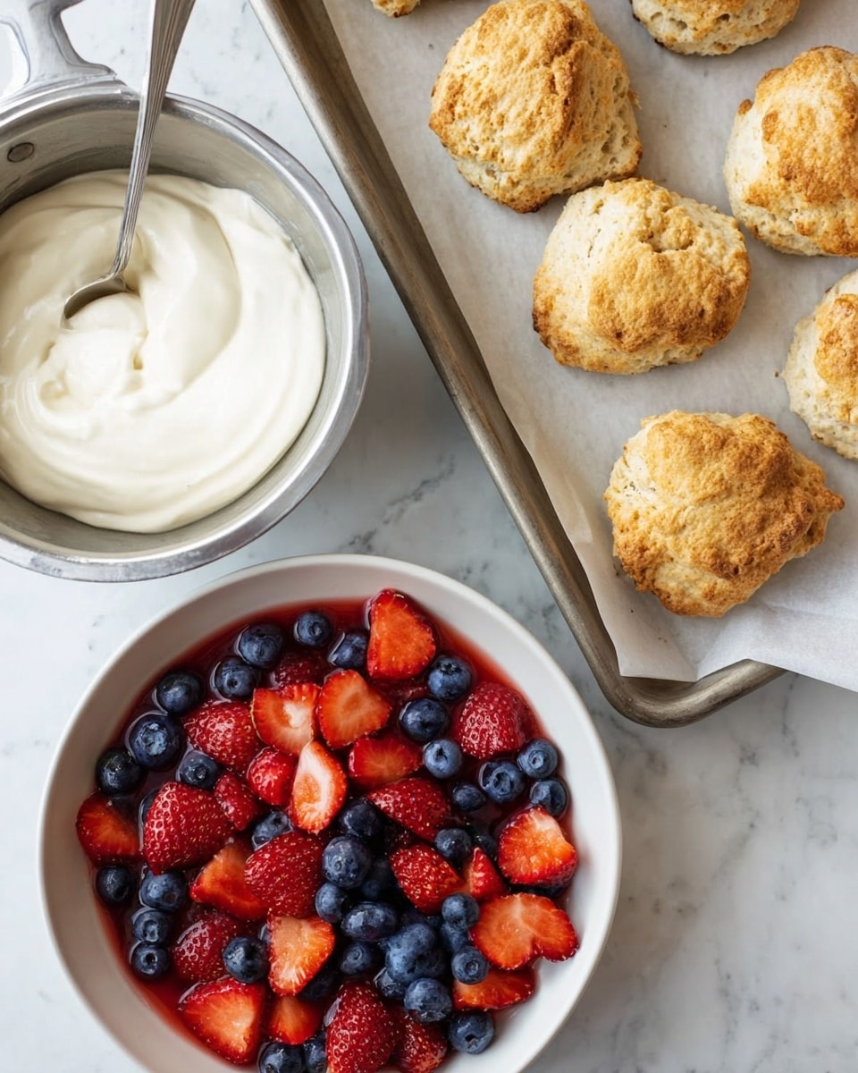 The image shows a white bowl filled with fresh blueberries and cut strawberries in a light red juice. Next to the bowl is a metal baking tray lined with white parchment paper holding seven golden-brown scones with cracked tops. To the left, a metal mixing bowl contains smooth, white whipped cream. All items are placed on a white marbled surface. photo taken with an iphone --ar 4:5 --v 7