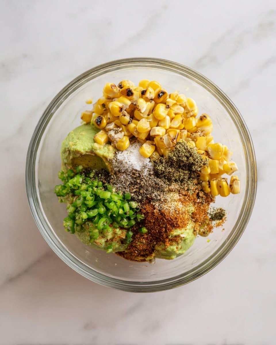 In a clear glass bowl sits a mix of ingredients, layered visually in a pleasing way. At the bottom, there are two large scoops of smooth green avocado. On top, bright yellow roasted corn kernels with a few black charred spots are scattered over the avocado. A small pile of finely chopped green jalapeno peppers is placed on one side. Visible seasoning layers include coarse white salt, dark gray ground pepper, and a brown spice powder sprinkled on different parts of the mixture. The bowl rests on a white marbled surface, and the photo is taken from above, showing all layers clearly. photo taken with an iphone --ar 4:5 --v 7