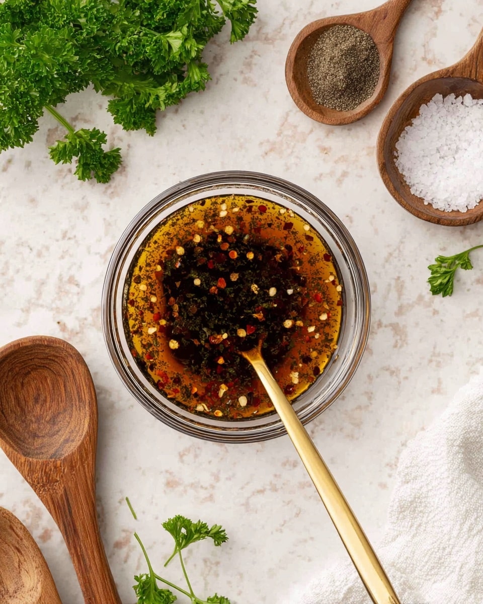 A clear glass bowl sits on a white marbled surface, filled with a dark golden liquid mixed with black pepper flakes and red chili flakes, creating a textured layer on top. A long golden spoon rests inside the bowl, its handle extending out. Around the bowl, fresh green parsley sprigs add a pop of color, while two wooden spoons hold light brown and black powders. A small white bowl containing coarse salt is placed near the top right, and a white cloth is slightly visible on the bottom right corner. Photo taken with an iphone --ar 4:5 --v 7
