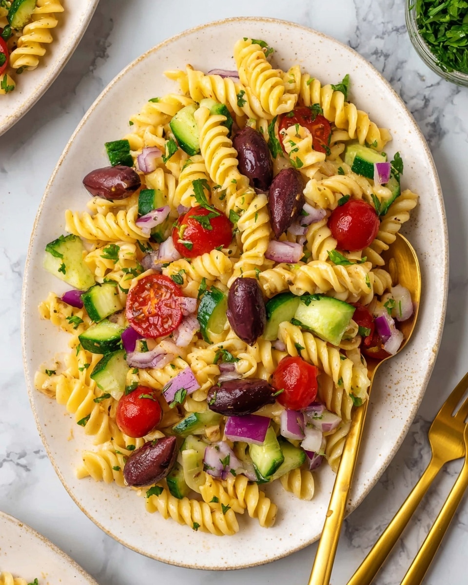 A white oval plate holds a fresh pasta salad with three main layers: the bottom layer is twisted yellow rotini pasta, the middle layer features bright green cucumber pieces and halved red cherry tomatoes with visible seeds, and the top layer is scattered with dark purple kalamata olives, small diced purple onion, and green herb leaves. The salad is mixed with finely chopped herbs that add tiny green specks throughout. The plate is placed on a white marbled surface with a gold serving fork set angled on the bottom right side. Photo taken with an iphone --ar 4:5 --v 7