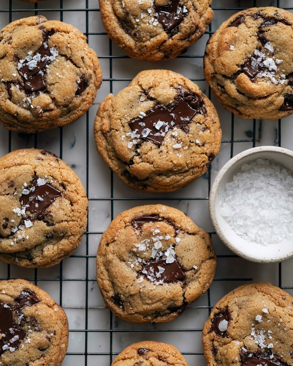 A white plate filled with nine round cookies that are golden brown with dark melted chocolate chunks on top, some sprinkled with flakes of salt. Outside the plate on a white marbled surface are two more cookies, one with a smear of melted chocolate next to it. Near the top is a small bowl holding coarse salt, and on the bottom right, there is a white cup filled with dark black coffee. A green cloth is partially visible on the bottom left side. photo taken with an iphone --ar 4:5 --v 7