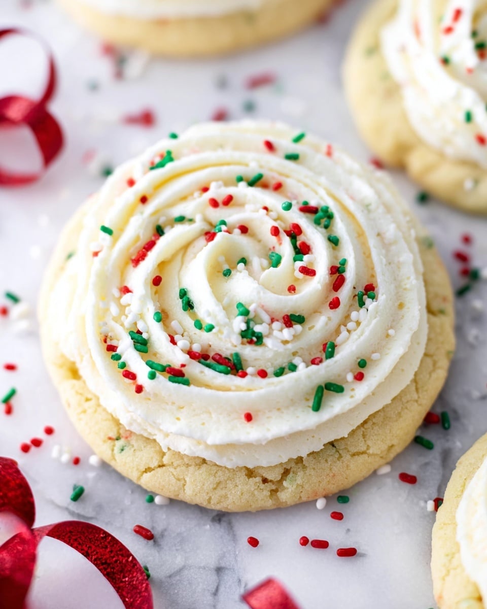 A soft, light yellow cookie with a slightly cracked surface forms the base layer, topped by a thick, smooth swirl of white frosting that spirals evenly from the center to the edge. Scattered on the frosting are small red, green, and white sprinkles, including tiny cylindrical shapes and flat holly leaf shapes, creating a festive look. The cookies rest on a white marbled surface, with hints of red curled ribbons and tiny colored sprinkles blurred in the background. photo taken with an iphone --ar 4:5 --v 7