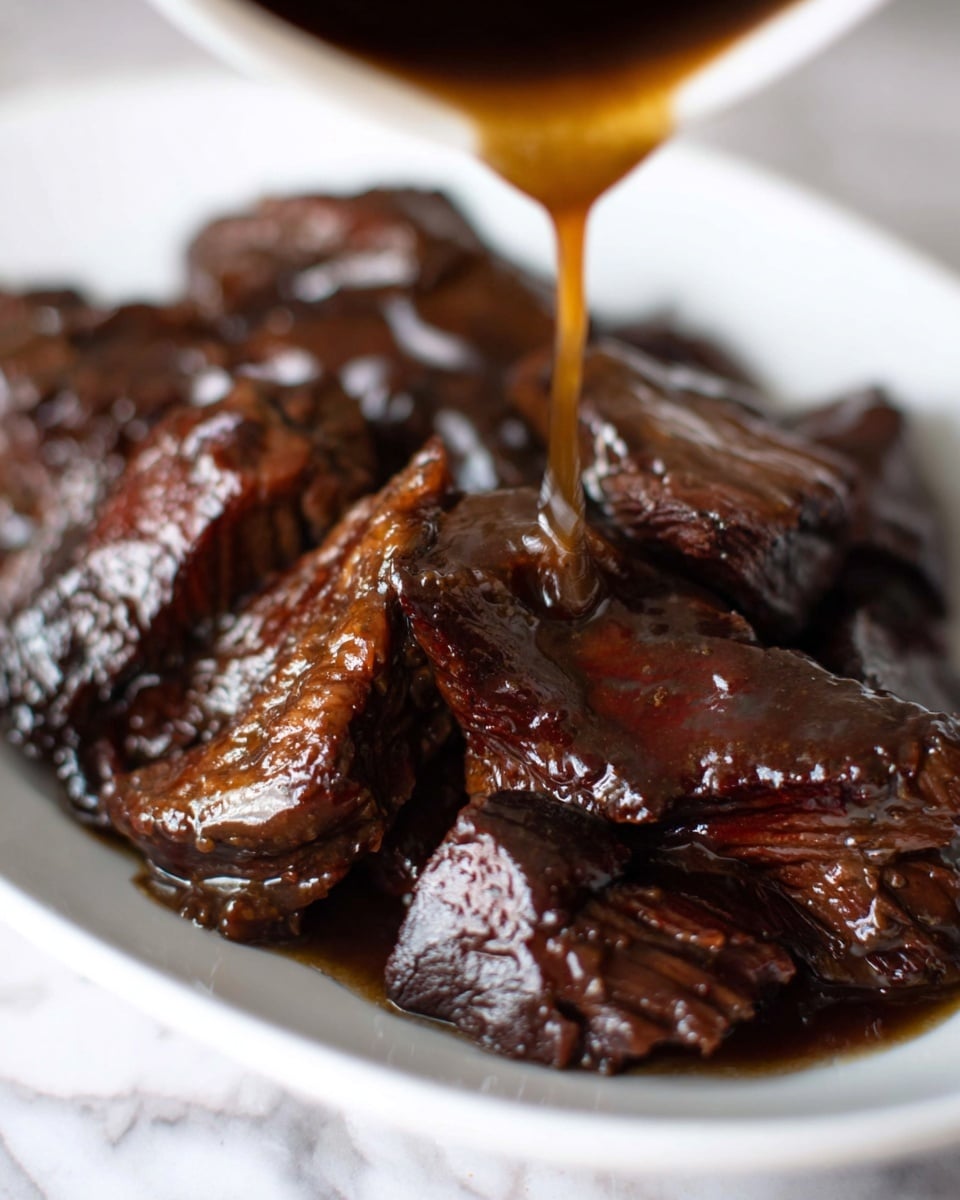 The image shows several pieces of dark brown cooked meat arranged closely in a single layer on a white plate. The meat has a shiny, moist texture with a glossy finish from a rich, dark sauce being poured over it from a container above, creating a smooth coating on the surface. The background features a white marbled texture. Photo taken with an iphone --ar 4:5 --v 7
