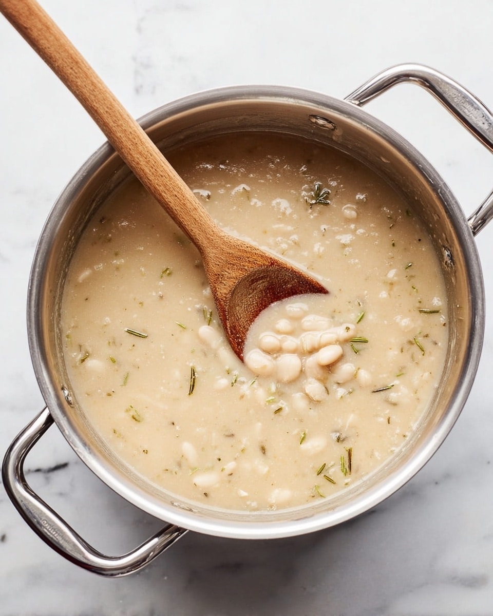 A silver metal pot sits on a white marbled surface filled with a light beige creamy soup with visible white beans and small green herb pieces scattered throughout. A long wooden spoon with a smooth texture is partially submerged in the soup, resting diagonally inside the pot, showing some of the soup's thick and slightly grainy texture. The pot has two handles, one on each side, held close to the surface, and the lighting highlights the shiny metal and creamy soup inside. Photo taken with an iphone --ar 4:5 --v 7
