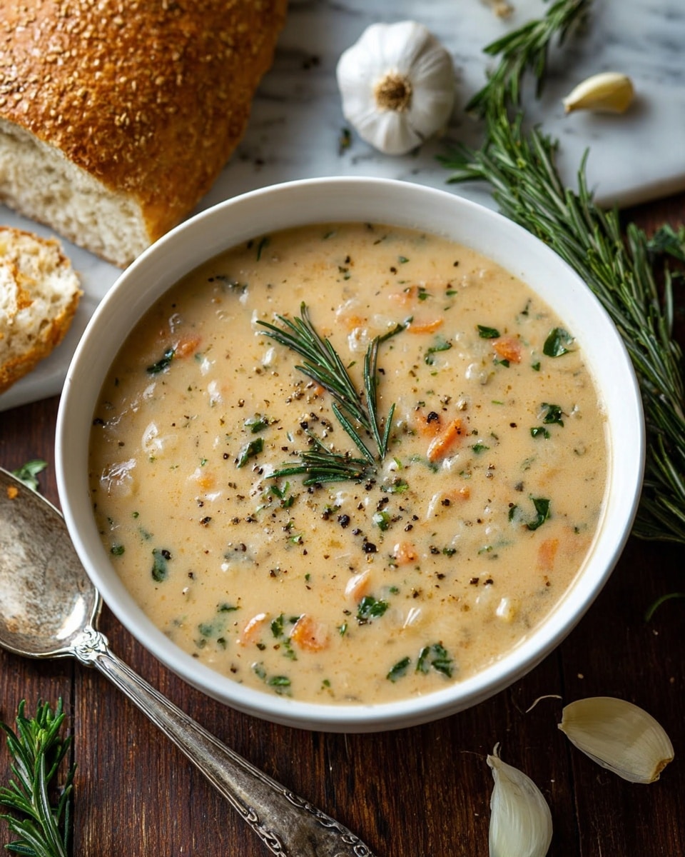The image shows a white bowl filled with creamy soup that has small chunks and bits of herbs and vegetables mixed in. The soup is a light beige color with visible green herbs and small orange pieces throughout. A sprig of rosemary and some ground black pepper are placed on top of the soup, adding texture and color contrast. The bowl sits on a dark wooden table with a vintage silver spoon beside it. Around the bowl, there is a slice of bread with a spread, a whole garlic bulb, garlic cloves, rosemary sprigs, and a crusty bread roll in the background. The surface behind the bowl is changed to a white marbled texture. Photo taken with an iphone --ar 4:5 --v 7