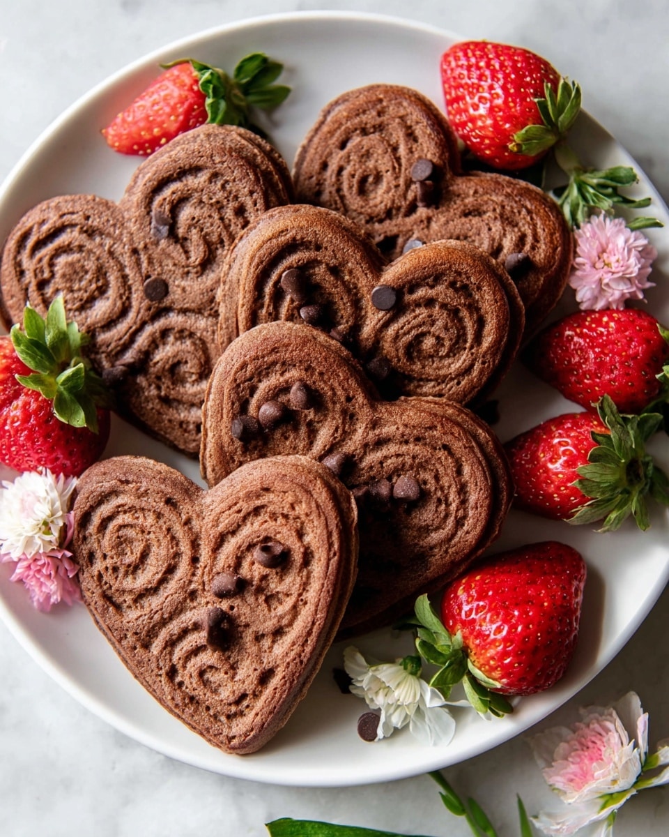A white plate holds a group of heart-shaped chocolate pancakes, each with a textured swirl pattern on top and a few small chocolate chips scattered over them. The pancakes have a rich brown color and soft, slightly spongy texture. Around the pancakes, there are whole bright red strawberries with green leaves and a few small pink and white flowers for decoration. The plate sits on a white marbled surface that adds a clean and fresh background. photo taken with an iphone --ar 4:5 --v 7