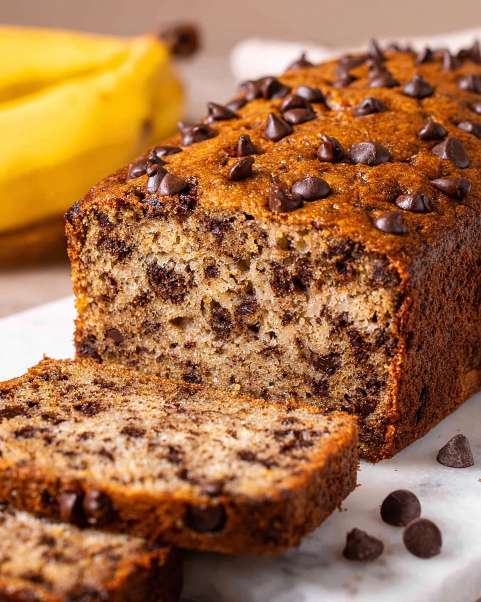 A close-up view of a rectangular banana bread loaf with a golden-brown top covered in scattered dark chocolate chips. The inside of the bread shows a moist, light brown texture mixed with many tiny dark chocolate chip pieces evenly spread throughout. Two slices are positioned in front of the loaf on a white marbled surface with a few loose chocolate chips beside them. In the background, a yellow banana is partially visible on the left side. Photo taken with an iphone --ar 4:5 --v 7