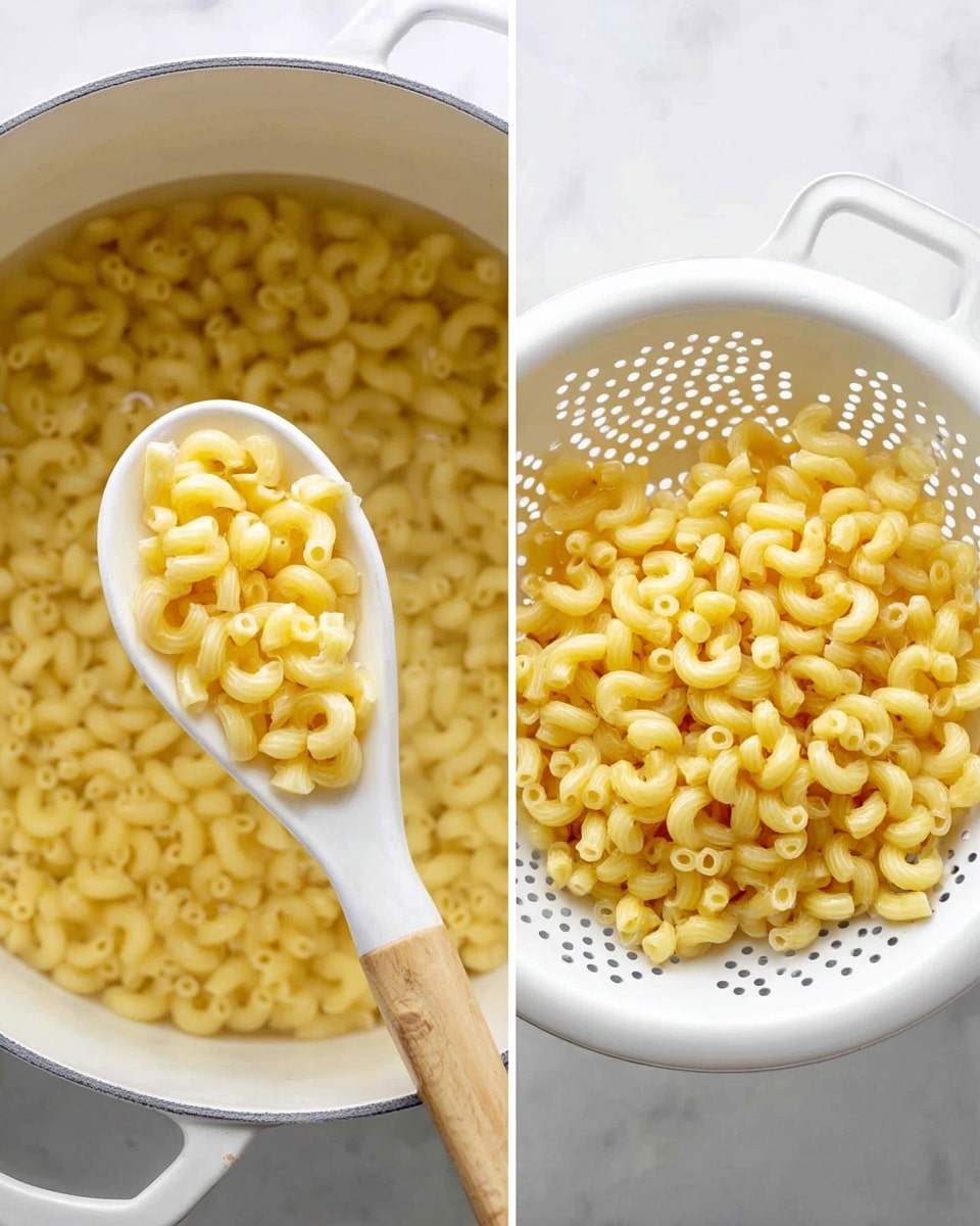 The image shows two parts: on the left, a white pot filled with boiled elbow macaroni in water, with a white spoon with a wooden handle holding some macaroni above the pot; on the right, the cooked elbow macaroni drained in a white colander with many small holes, all placed on a white marbled surface. Both the macaroni pieces are yellowish and smooth in texture. photo taken with an iphone --ar 4:5 --v 7