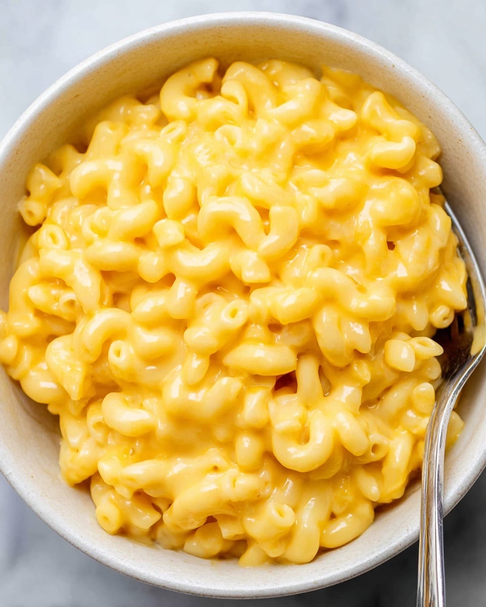 A close-up view of creamy macaroni and cheese served in a white bowl. The dish shows one thick layer of elbow macaroni coated evenly in smooth, bright yellow cheese sauce that looks rich and soft. The surface texture appears glossy and creamy, with the curved shapes of the pasta clearly visible. A metallic silver fork is partially seen on the left side, placed inside the bowl. The bowl sits on a white marbled surface. photo taken with an iphone --ar 4:5 --v 7