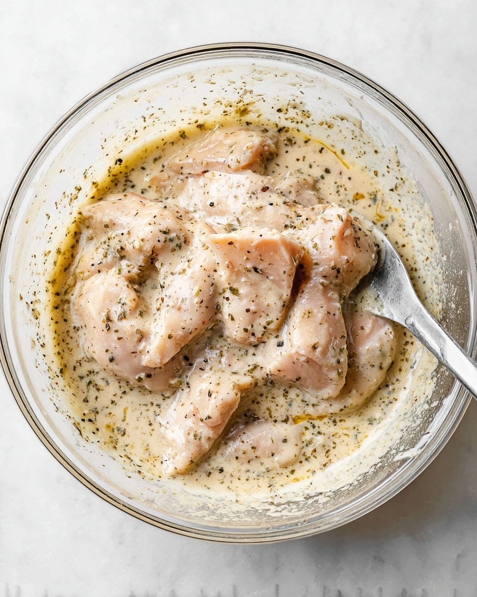 A clear glass bowl on a white marbled surface holds raw light pink chicken pieces covered in a creamy, pale beige sauce with visible specks of green herbs and black pepper evenly spread throughout. A silver spatula rests on the right side of the bowl, partially submerged in the sauce and chicken. The sauce looks thick and smooth, coating the chicken pieces fully, with some splashes on the sides of the bowl. Photo taken with an iphone --ar 4:5 --v 7