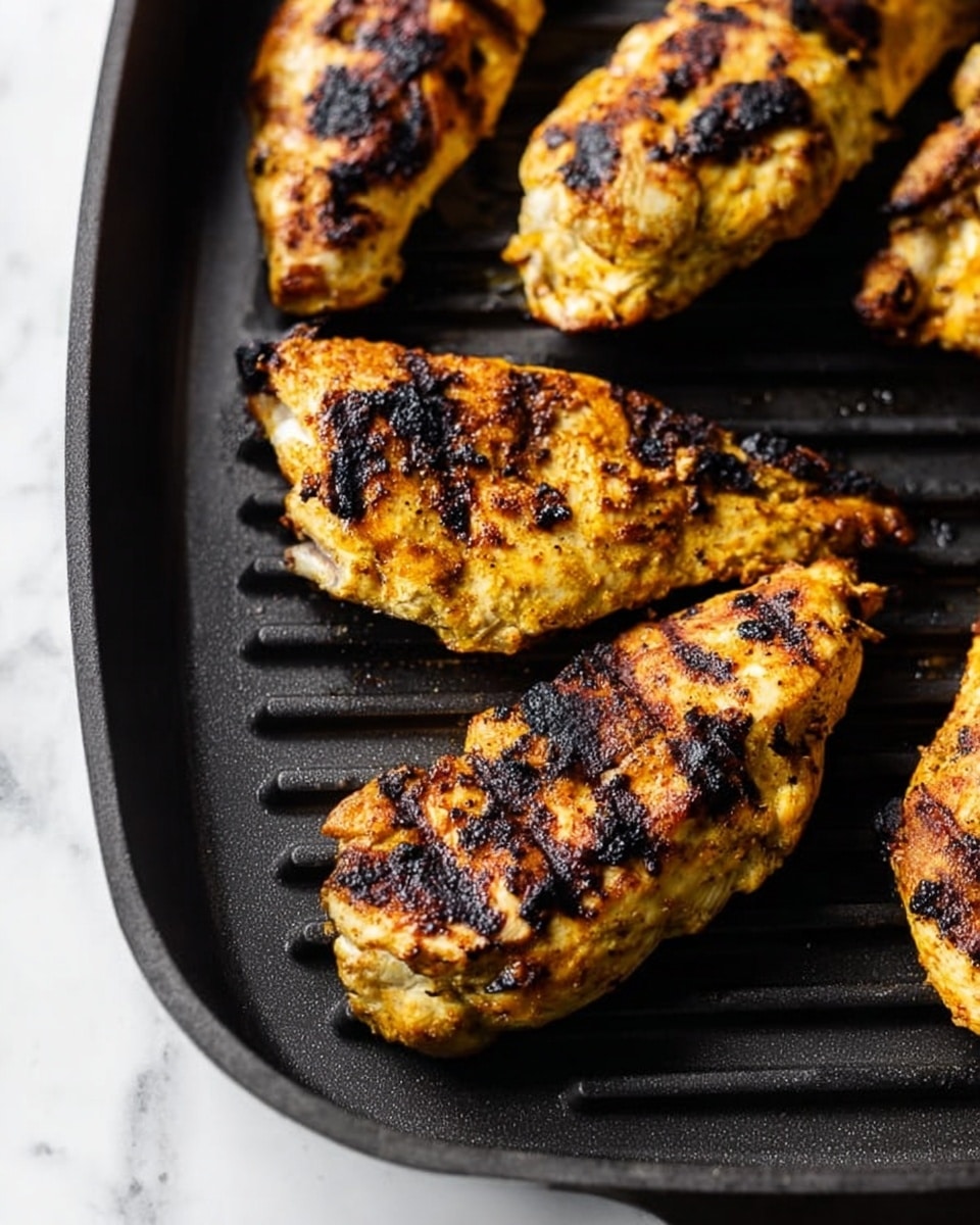 The image shows a close-up of four grilled chicken pieces on a black ridged grill pan. Each piece is golden brown with dark char marks and a slightly rough texture from the grilling. The chicken is arranged unevenly, with three pieces near the top right corner and one piece at the bottom left. The background is a white marbled surface. photo taken with an iphone --ar 4:5 --v 7