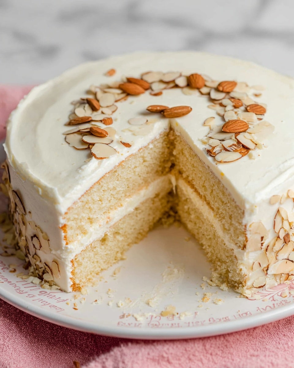 The image shows a two-layer white cake on a white plate with some text partially visible. The cake has thick white frosting on top and between the layers, which looks smooth and creamy. The top of the cake is decorated with a circle of whole almonds and some small pieces of sliced almonds in the center. The sides of the cake also have sliced almonds stuck to the frosting. A large slice has been removed, showing the soft, light texture of the cake inside. The plate rests on a pink cloth, and the background is a white marbled surface. photo taken with an iphone --ar 4:5 --v 7