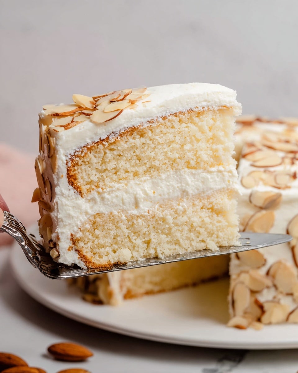 A close-up of a two-layer white cake slice with a soft, crumbly texture. The cake layers are light beige with a thick creamy white frosting in between and on top, which has a smooth, slightly fluffy appearance. On top of the cake slice, there is a small whole almond as decoration. Around the cake, whole almonds are scattered on a white marbled surface. In the background, blurred pieces of cake are visible on white plates. Photo taken with an iphone --ar 4:5 --v 7
