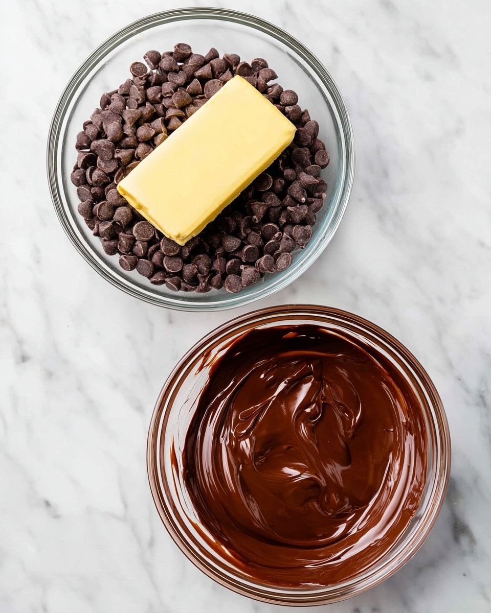 The image shows two clear glass bowls on a white marbled surface. The left bowl contains a bright yellow stick of butter placed on top of many small dark brown chocolate chips that fill the bowl's base. The right bowl contains a smooth, shiny dark brown chocolate mixture with a creamy texture, evenly spread and swirled lightly inside the bowl. Photo taken with an iphone --ar 4:5 --v 7