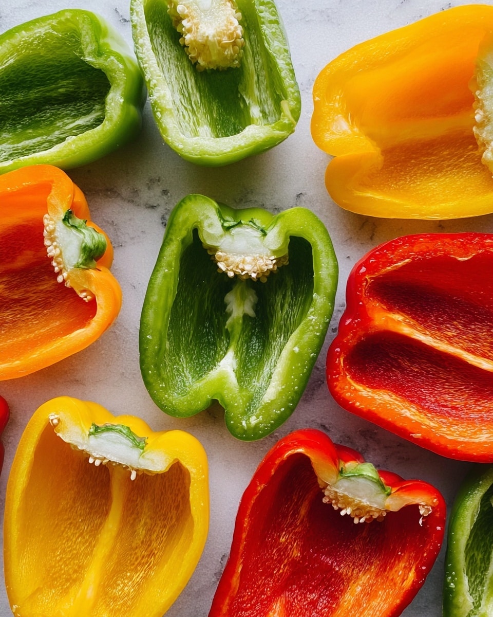 The image shows nine bell pepper halves placed on a white marbled surface, arranged in a somewhat scattered manner. There are three green bell pepper halves with a shiny, smooth texture and some slight moisture inside, two yellow halves with a slightly wrinkled texture near the edges, two bright orange halves showing a glossy interior, and two red halves with a vibrant, smooth, and moist interior. The peppers are arranged in such a way that some faces show the flat side with seeds removed, while others show inside curves. The overall scene is lit evenly, highlighting the freshness and natural colors of the peppers. photo taken with an iphone --ar 4:5 --v 7