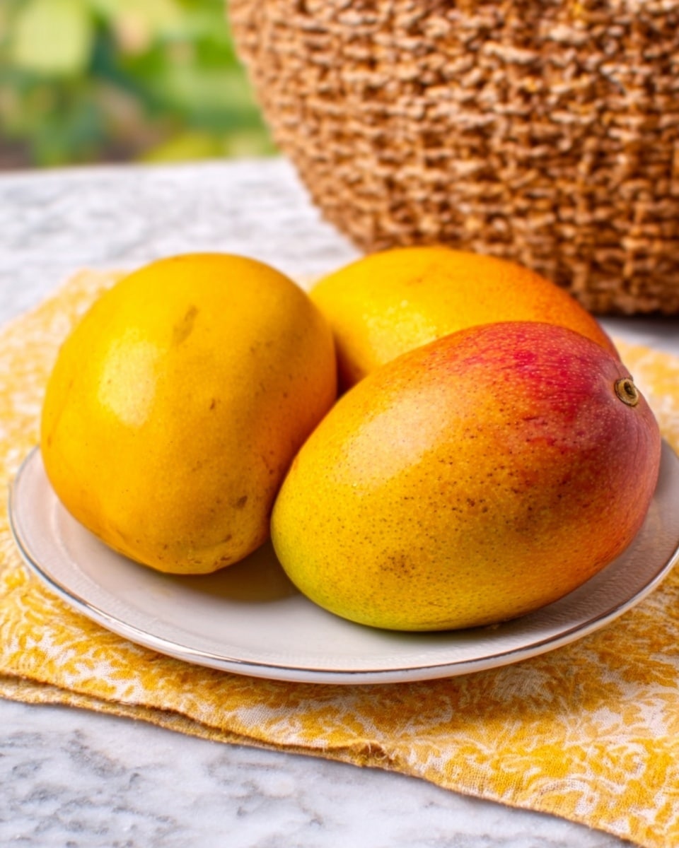 The image shows three ripe mangoes placed on a white plate. Two mangoes are yellow with smooth, slightly shiny skin, while the third mango has a mix of reddish and yellow colors with some texture on its surface. The plate sits on a yellow patterned cloth, and in the background, there is a wicker basket. The whole setup is on a white marbled surface. photo taken with an iphone --ar 4:5 --v 7