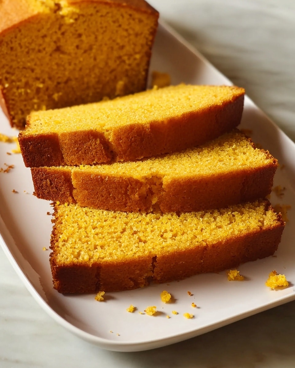 Four thick slices of golden yellow cornbread are stacked slightly overlapping on a long white plate. The cornbread has a light crumbly texture with a soft, slightly coarse interior, and a darker golden-brown crust on the sides and bottom. The plate is placed on a white marbled surface, and there are some small crumbs scattered near the edges of the bread. The lighting shows the warm, fresh appearance of the cornbread. photo taken with an iphone --ar 4:5 --v 7