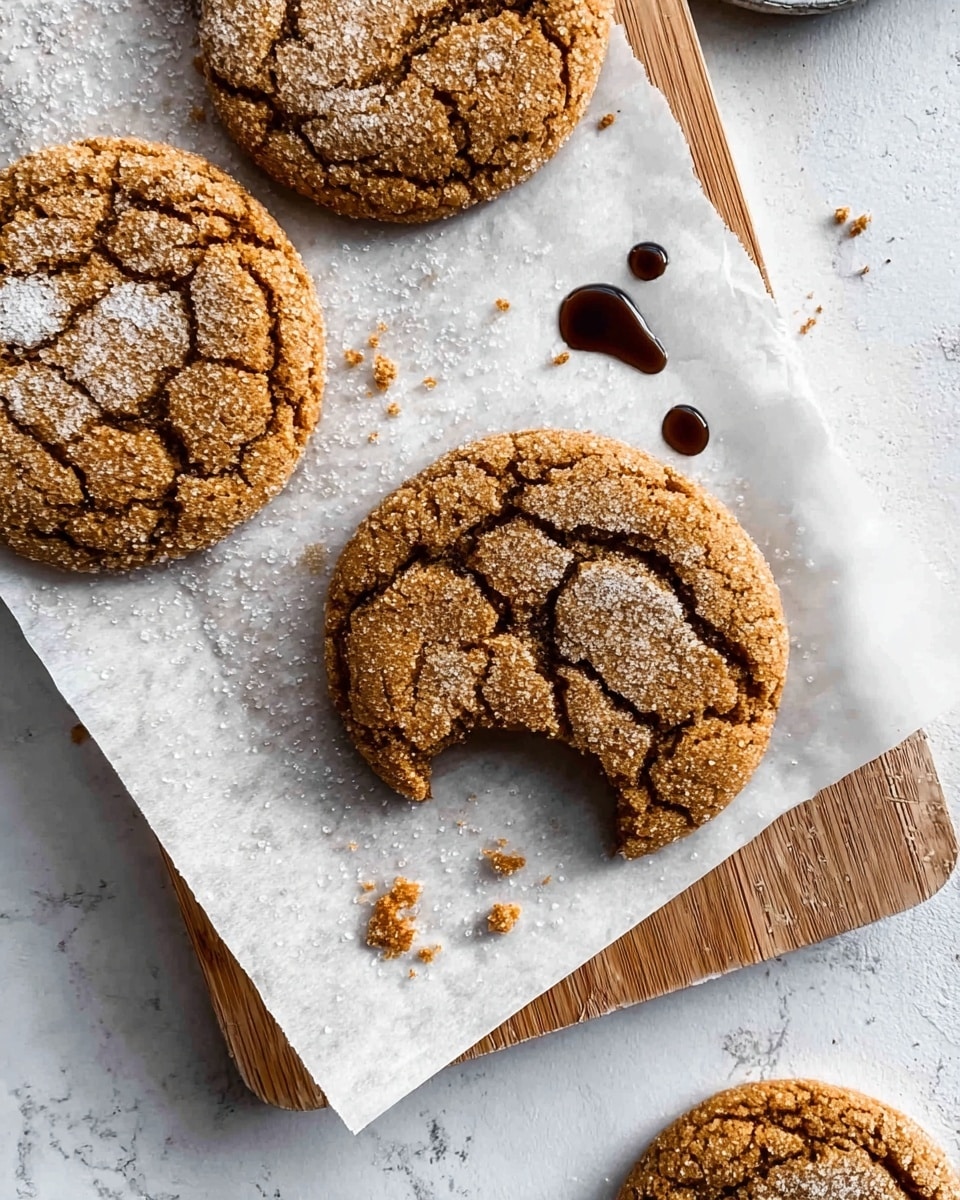 There are three round cookies with a cracked surface and light sugar sprinkled on top, lying on a white piece of parchment paper placed on a wooden board with a handle. One more cookie is partially visible outside the board in the upper right corner, and a half-eaten cookie with crumbs is at the bottom left. Near the bottom right, there is a small white bowl filled with cinnamon sugar and a small wooden spoon resting on the white marbled surface. At the top left, there is a small white cup filled with black coffee, and a woman's hand-towel is partly visible. Some dark coffee drops and scattered crumbs add to the setting, all on a white marbled background. photo taken with an iphone --ar 4:5 --v 7
