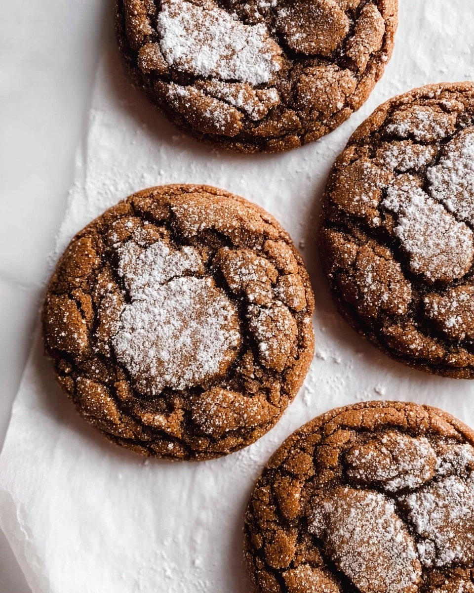 Four round cookies are shown close together on white parchment paper over a white marbled surface. Each cookie has a cracked top layer with a rough texture, dark brown with lighter brown patches. The surface is slightly shiny and sprinkled with a light dusting of powdered sugar, adding a soft white contrast. The cookies have a thick, slightly raised edge and a more flattened center with visible cracks creating an uneven pattern. photo taken with an iphone --ar 4:5 --v 7