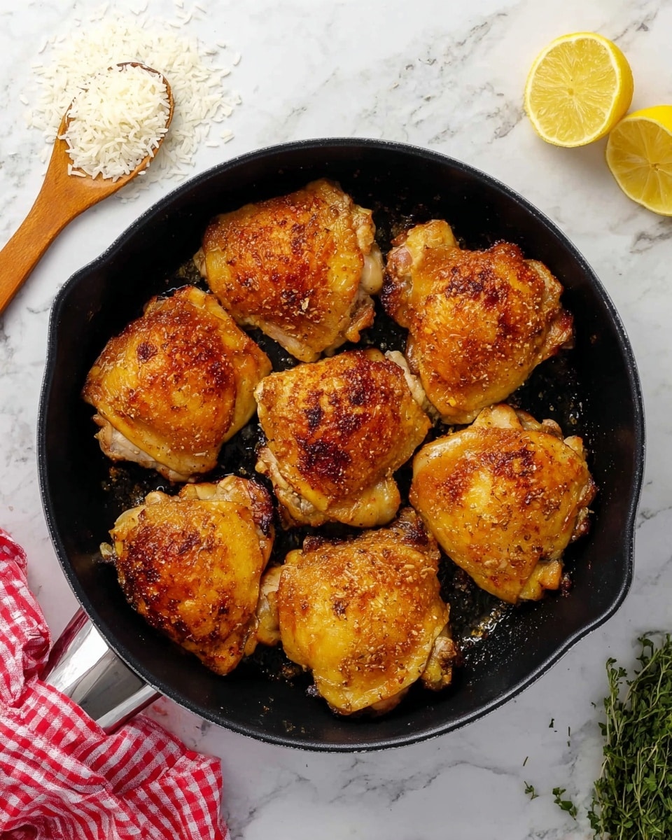 The image shows a black frying pan with eight golden brown chicken pieces arranged closely together, each piece having a crispy, slightly textured top layer with a warm, roasted color; underneath, the chicken skin is lighter with some visible white and beige tones. The pan is placed on a white marbled surface. To the left of the pan, there is a red and white checkered cloth with uncooked white rice in a wooden spoon on top of it, and two slices of lemon nearby. On the right side, some green herbs are partially visible. photo taken with an iphone --ar 4:5 --v 7