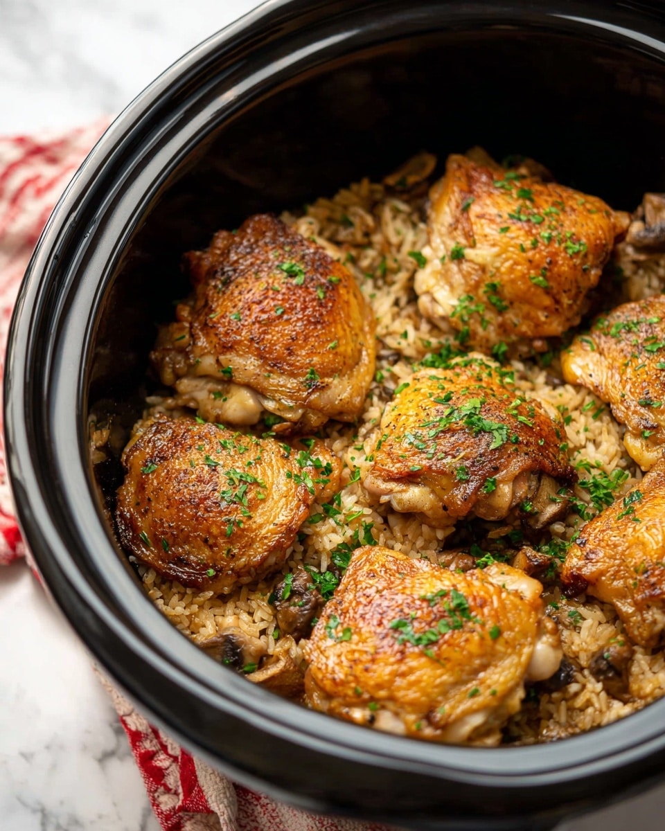 The image shows a black slow cooker filled with six pieces of cooked chicken thighs on top of a layer of rice mixed with small mushroom pieces. The chicken thighs are golden brown with a crispy-looking skin, sprinkled with green herbs, and arranged loose but mostly stacked on each other. The background is a white marbled texture, and part of a red and white cloth is slightly visible in the backdrop. photo taken with an iphone --ar 4:5 --v 7
