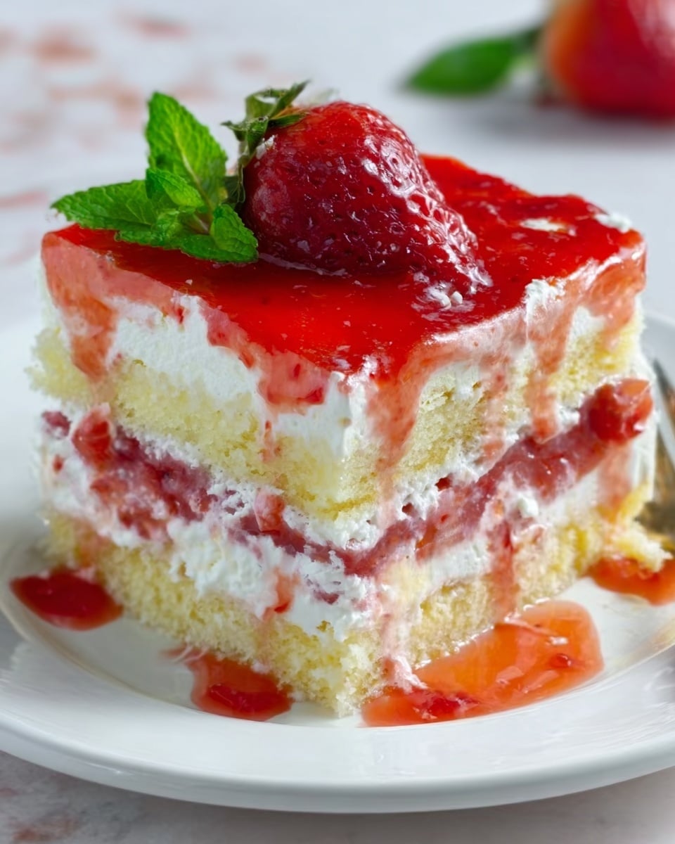 The image shows a square slice of layered dessert on a white plate. The bottom layer is light beige cake, soft and spongy. Above it is a creamy white layer, smooth and thick. Next is a layer of bright red strawberry slices, shiny and fresh. On top of that is another white creamy layer, followed by more sponge cake. The top layer is covered with a thick red strawberry sauce, glossy and slightly chunky with pieces of strawberries. A woman's hand holds a fork near the dessert. The background is a white marbled surface. photo taken with an iphone --ar 4:5 --v 7