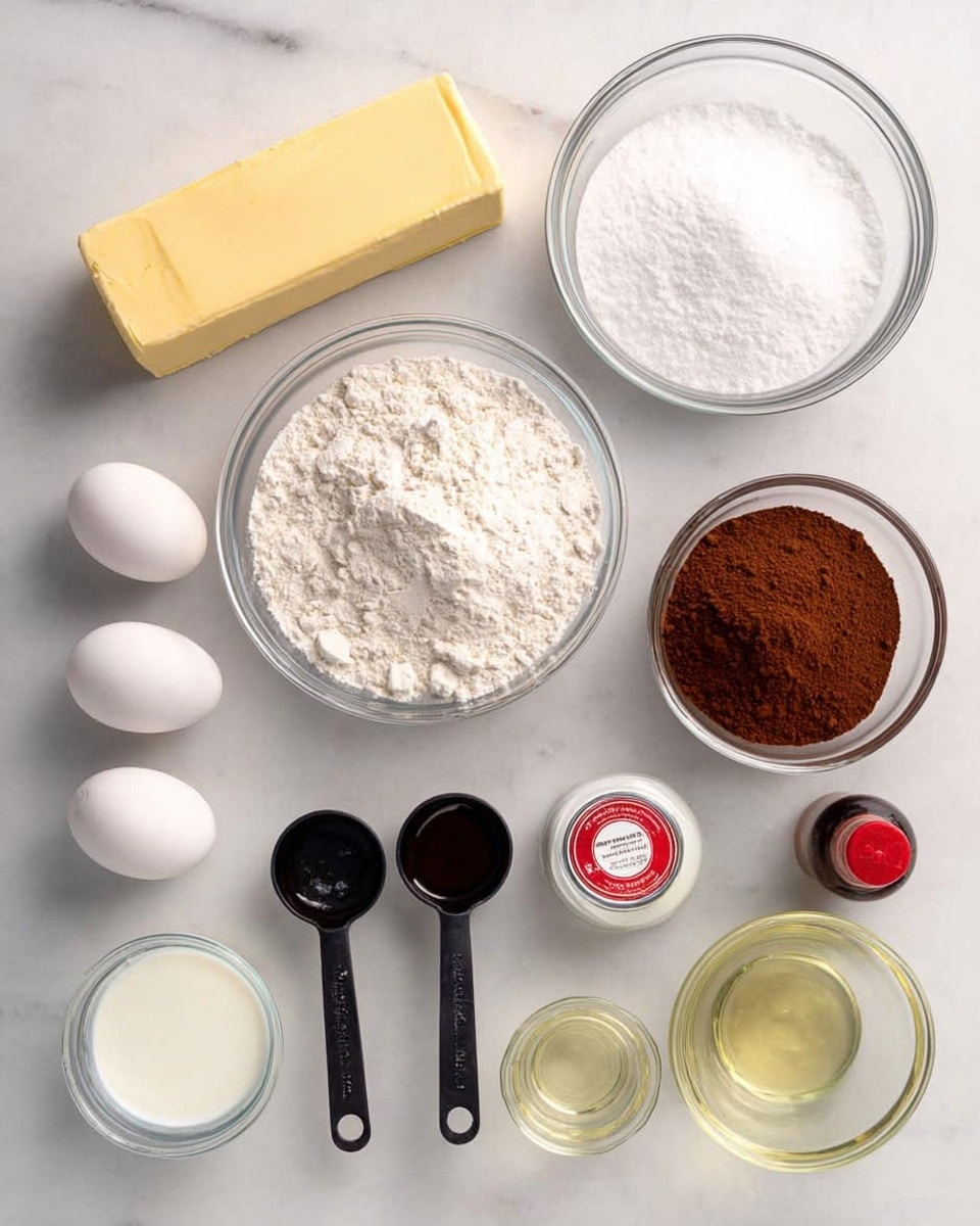 The image shows an overhead view of various baking ingredients neatly arranged on a white marbled surface. There are nine items: a rectangular stick of yellow butter, a clear glass bowl filled with white granulated sugar, a larger clear glass bowl with white flour, a smaller clear bowl with brown cocoa powder, three white eggs placed in a horizontal row, two black measuring spoons filled with white powder, a small round container with a red label, a small bottle of dark vanilla extract, a clear glass cup with a transparent liquid, a glass cup with white milk, and another glass cup with a light yellow oil. All the items are spaced evenly and clearly visible, with no shadows. photo taken with an iphone --ar 4:5 --v 7