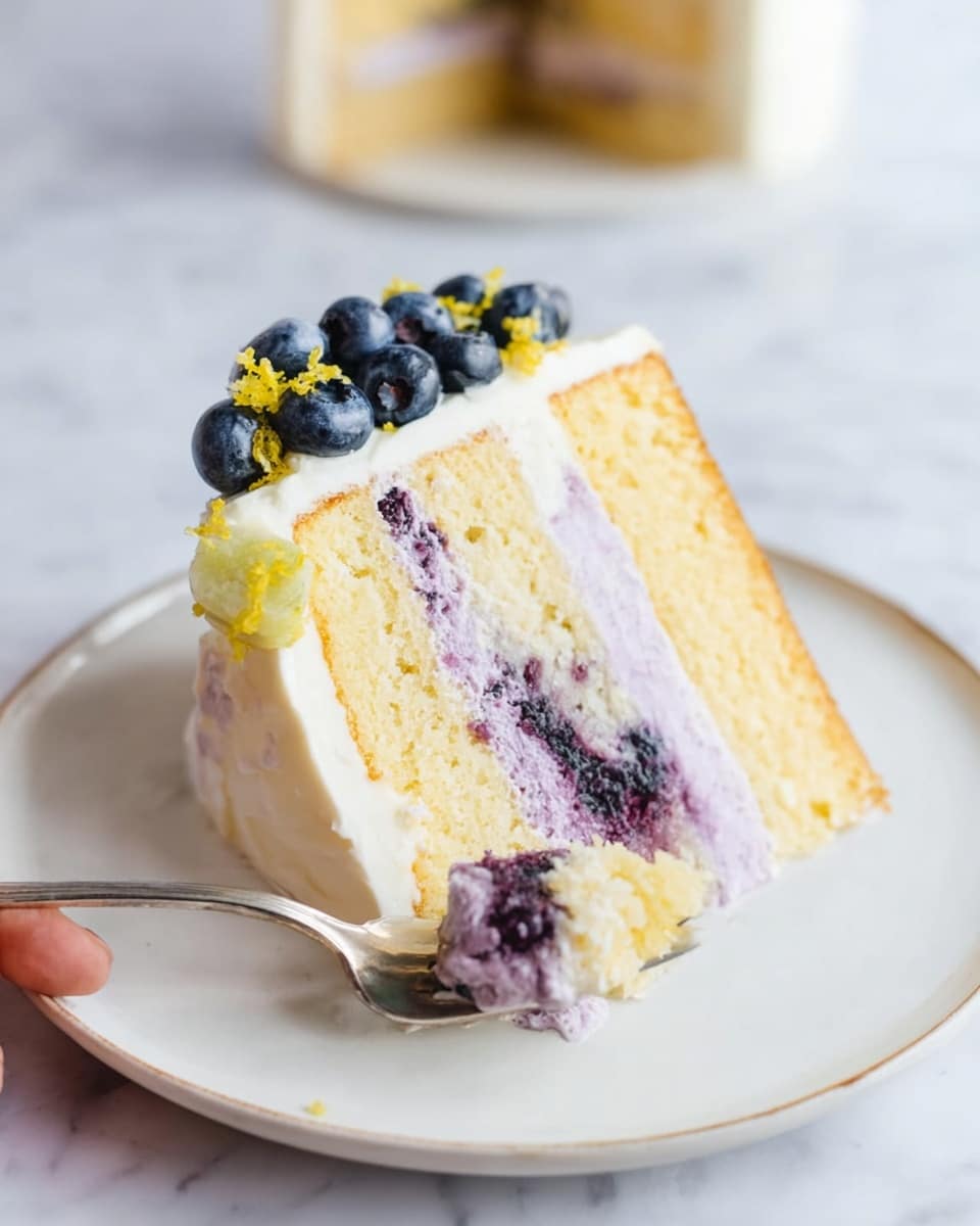 A slice of three-layer cake sits on a white plate, with the cake layers being light yellow in color. The first and third layers are yellow sponge cake, and the middle layer is a thick purple cream with visible blueberry bits inside. The cake is covered with white frosting on the outside, with a cluster of fresh blueberries and some yellow zest decoration on one side. A woman's hand holds a fork with a bite of the cake close to the slice. The plate is placed on a white marbled surface. Photo taken with an iphone --ar 4:5 --v 7