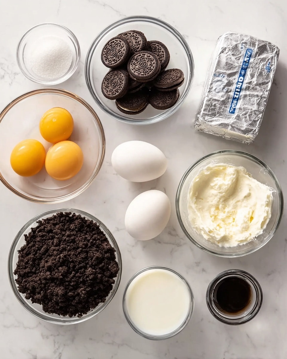The image shows several clear glass bowls and a silver wrapped block of cream cheese placed on a white marbled surface. There are seven Oreo cookies in one bowl, three raw eggs in another, and one bowl contains a dark, crumbly mixture likely from crushed Oreos. One small bowl has a dark liquid, probably vanilla, while another bowl holds white granulated sugar. A small bowl of white cream or sour cream is also present, along with a glass container filled partly with milk. The ingredients are spread neatly with space between them, all arranged from top to bottom and left to right. Photo taken with an iphone --ar 4:5 --v 7