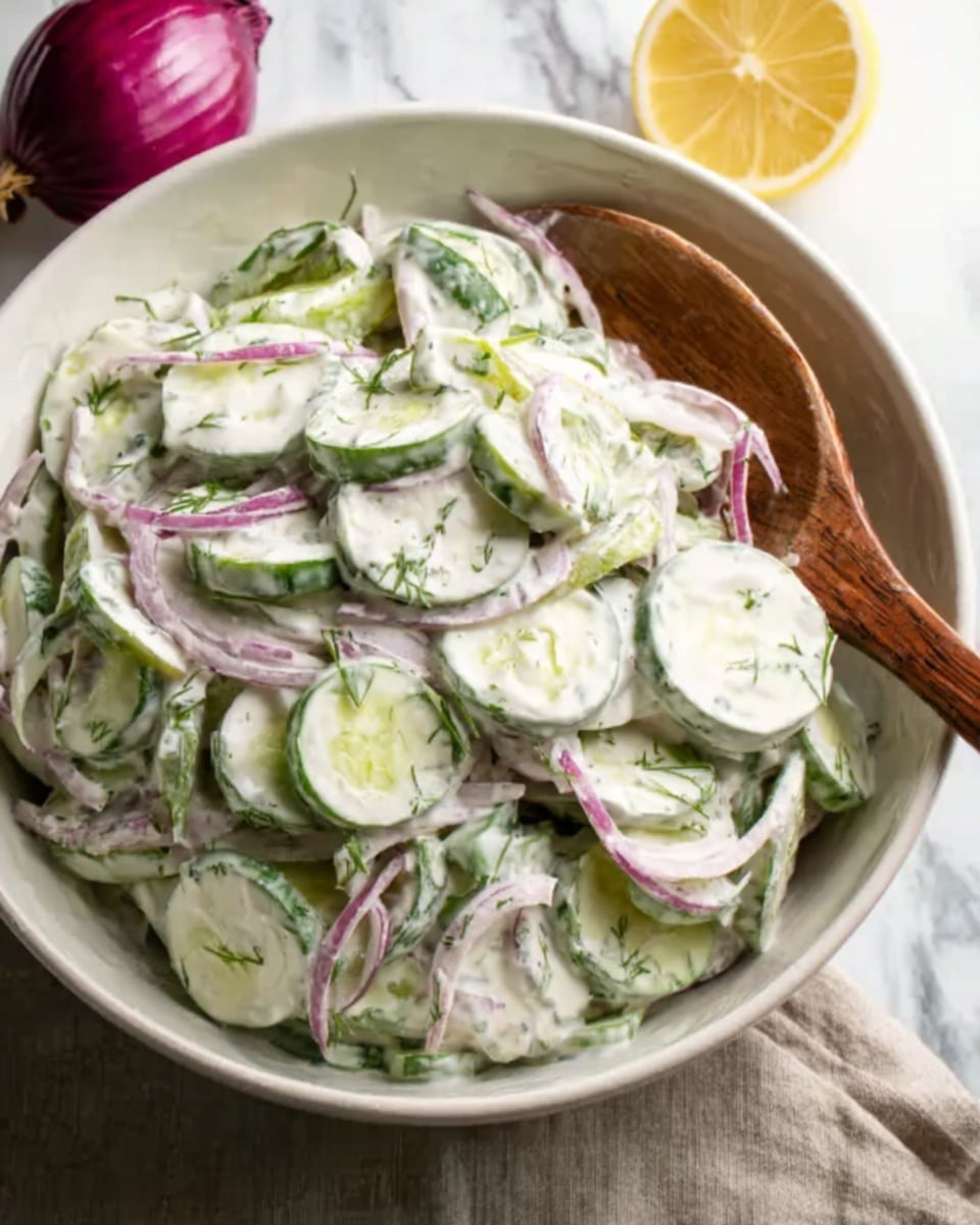A white bowl filled with a creamy cucumber salad, showing thin slices of light green cucumber layered with thin slivers of purple onion mixed in a thick white dressing with visible herbs. A wooden spoon rests on the bowl's edge, and part of a lemon and a sliced red onion appear blurred in the background on a white marbled surface. Photo taken with an iphone --ar 4:5 --v 7