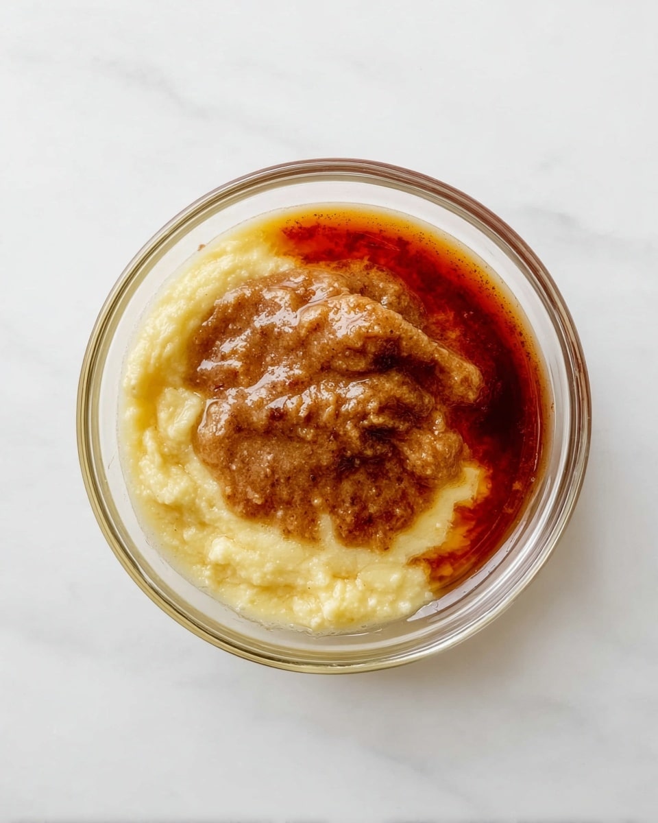A clear glass bowl shows three layers of ingredients from above, placed on a white marbled surface. On the right is a light yellow, soft and mashed layer. On the bottom left is a thin, dark amber syrupy layer, slightly shiny. On top and spreading over both layers is a thick, brown paste with a slightly grainy texture. The bowl’s round shape and transparency emphasize the colors and textures inside. photo taken with an iphone --ar 4:5 --v 7