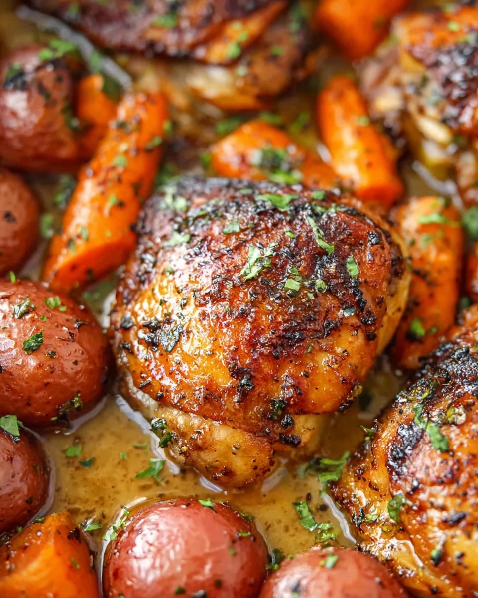 The image shows a close-up of a dish with three golden-brown cooked chicken thighs in the center, each seasoned with black pepper and small green herbs. Surrounding the chicken thighs are small orange baby carrots and red baby potatoes. The dish is covered in a clear, shiny broth that reflects light, making the surface look moist and flavorful. The textures of the chicken skin are crispy with charred spots, the carrots are smooth, and the potatoes have a soft, slightly glossy look. The whole dish sits on a white marbled surface. Photo taken with an iphone --ar 4:5 --v 7