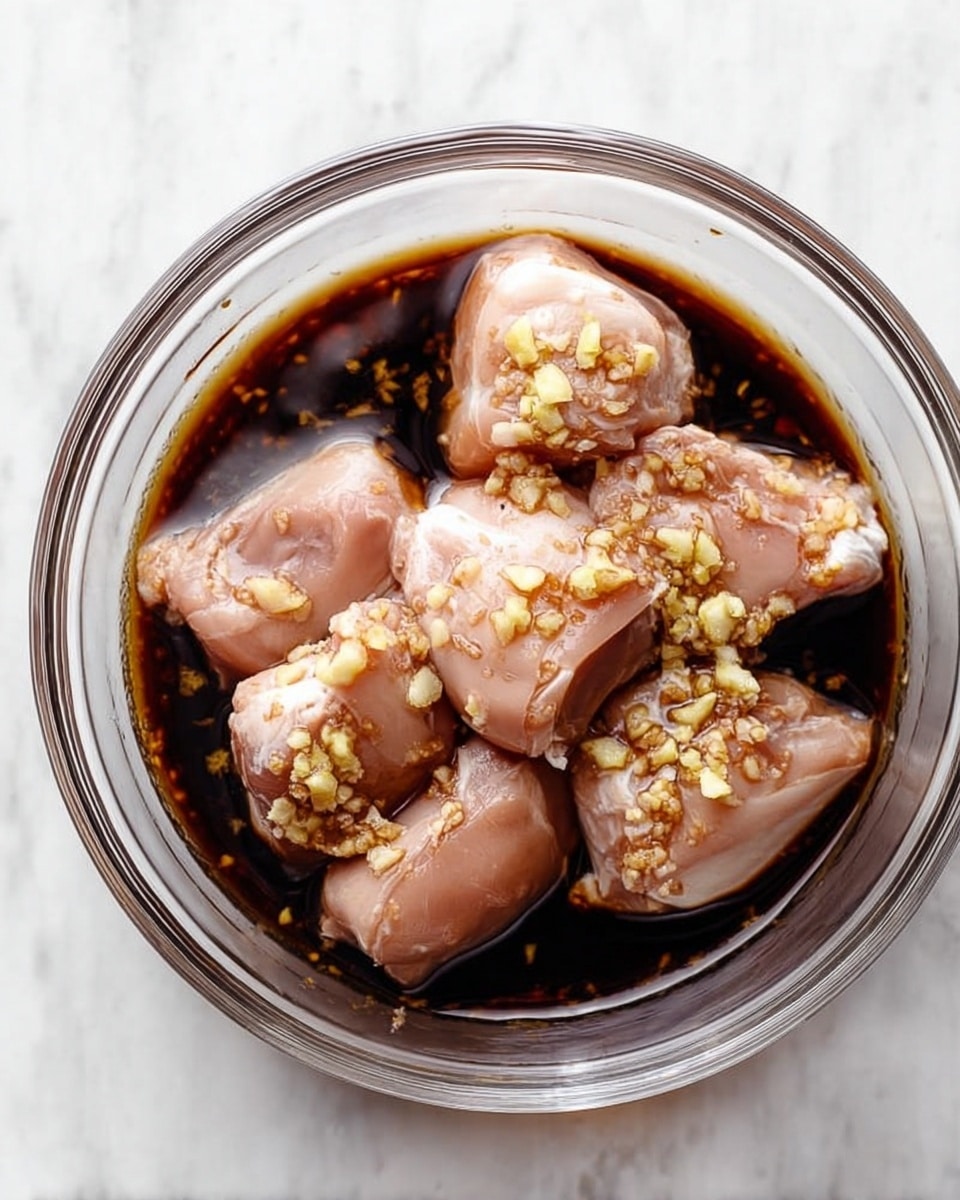 A clear glass bowl sits on a white marbled surface, filled with seven pale pink pieces of raw meat partially covered in a dark brown sauce. Small bits of light yellow minced garlic are scattered unevenly on top of the meat. The glossy sauce pools around the meat, creating a shiny contrast with the smooth texture of the meat pieces. The bowl is viewed from above, showing the details of the ingredients inside clearly. photo taken with an iphone --ar 4:5 --v 7