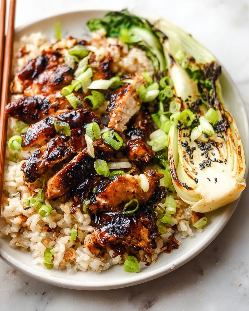 A white plate with three main layers: the bottom layer is light brown rice with a slightly soft texture, the middle layer has grilled chicken pieces with a shiny dark brown glaze and char marks, and the top layer includes sliced green onions scattered over the chicken and rice. On the right side of the plate, there is a piece of grilled bok choy with light green and white colors, topped with black sesame seeds. Two wooden chopsticks lay across the bottom left edge of the plate. The plate sits on a white marbled surface. Photo taken with an iphone --ar 4:5 --v 7