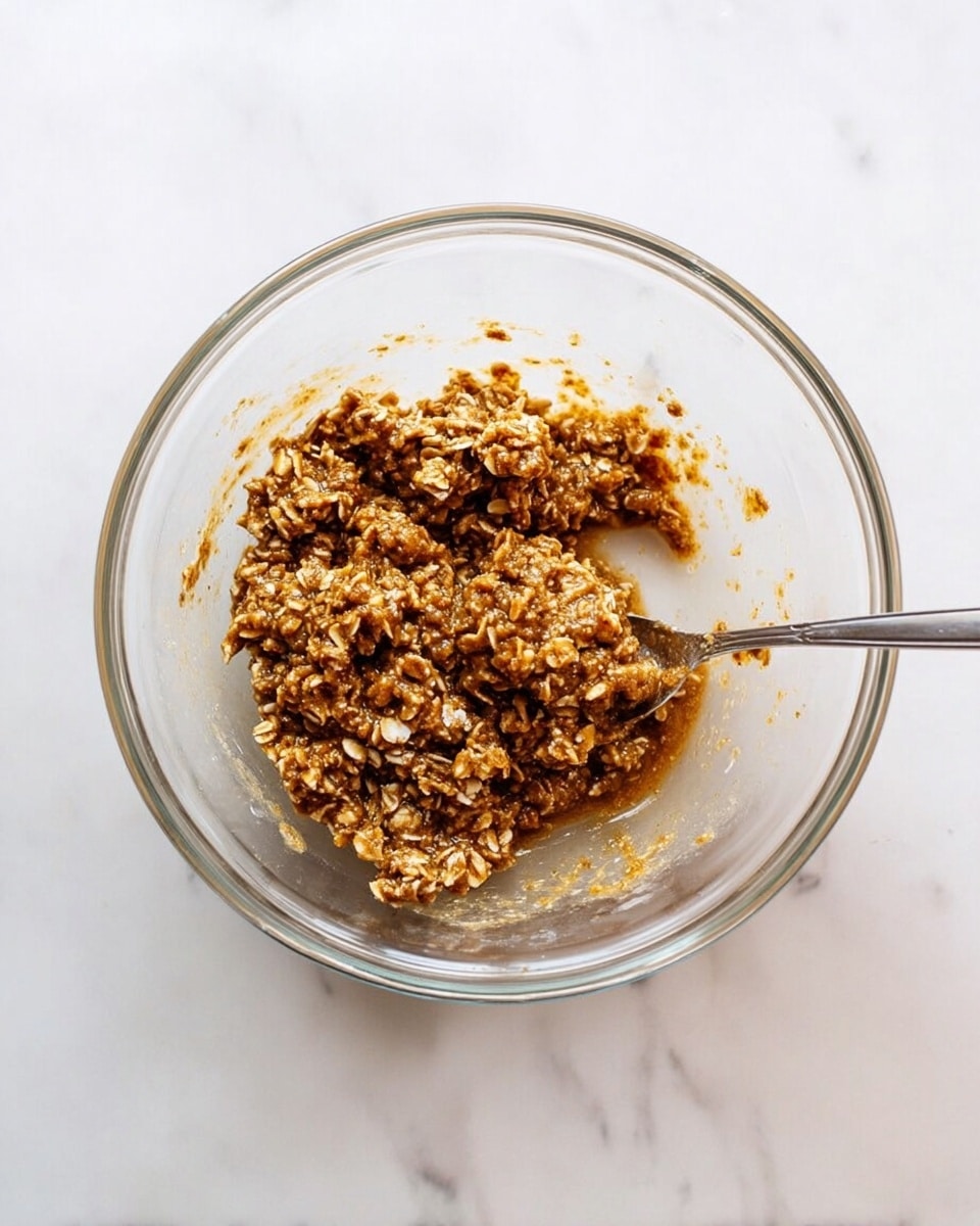 A clear glass bowl holds a mixture of oats and a sticky, brown ingredient being stirred with a spoon. The mixture is thick and clumpy, with visible oat flakes coated evenly in the brown substance, creating a rough, textured look. The bowl sits on a white marbled surface, and the spoon is partially lifted from the mixture, showing a slight gloss on the oat clusters. photo taken with an iphone --ar 4:5 --v 7