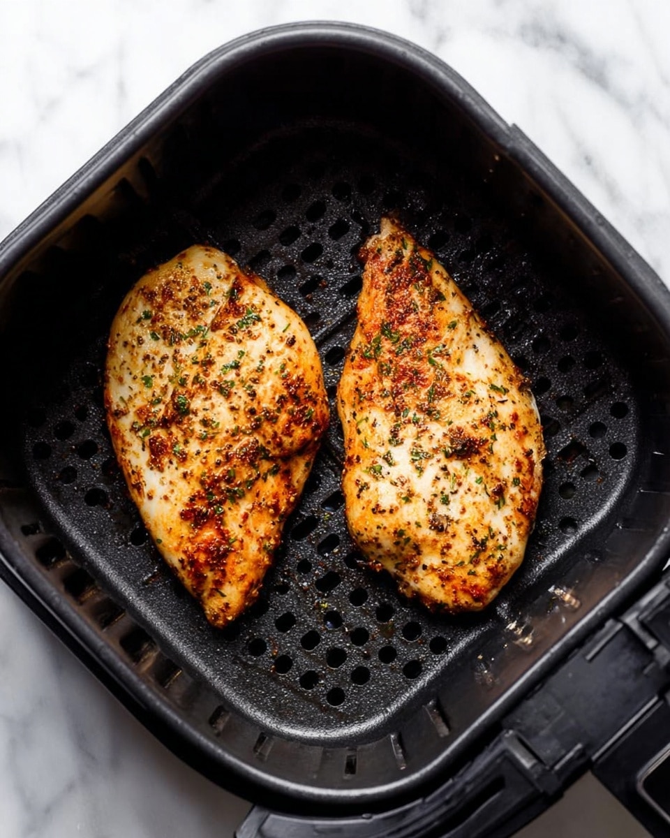 Two cooked seasoned chicken pieces with a golden brown color and sprinkled with herbs sit side by side on a dark textured air fryer tray. The air fryer basket is black with small holes and a handle at the front, placed on a white marbled surface. The chicken has a slightly crispy outer layer with visible pepper and herb specks. Photo taken with an iphone --ar 4:5 --v 7