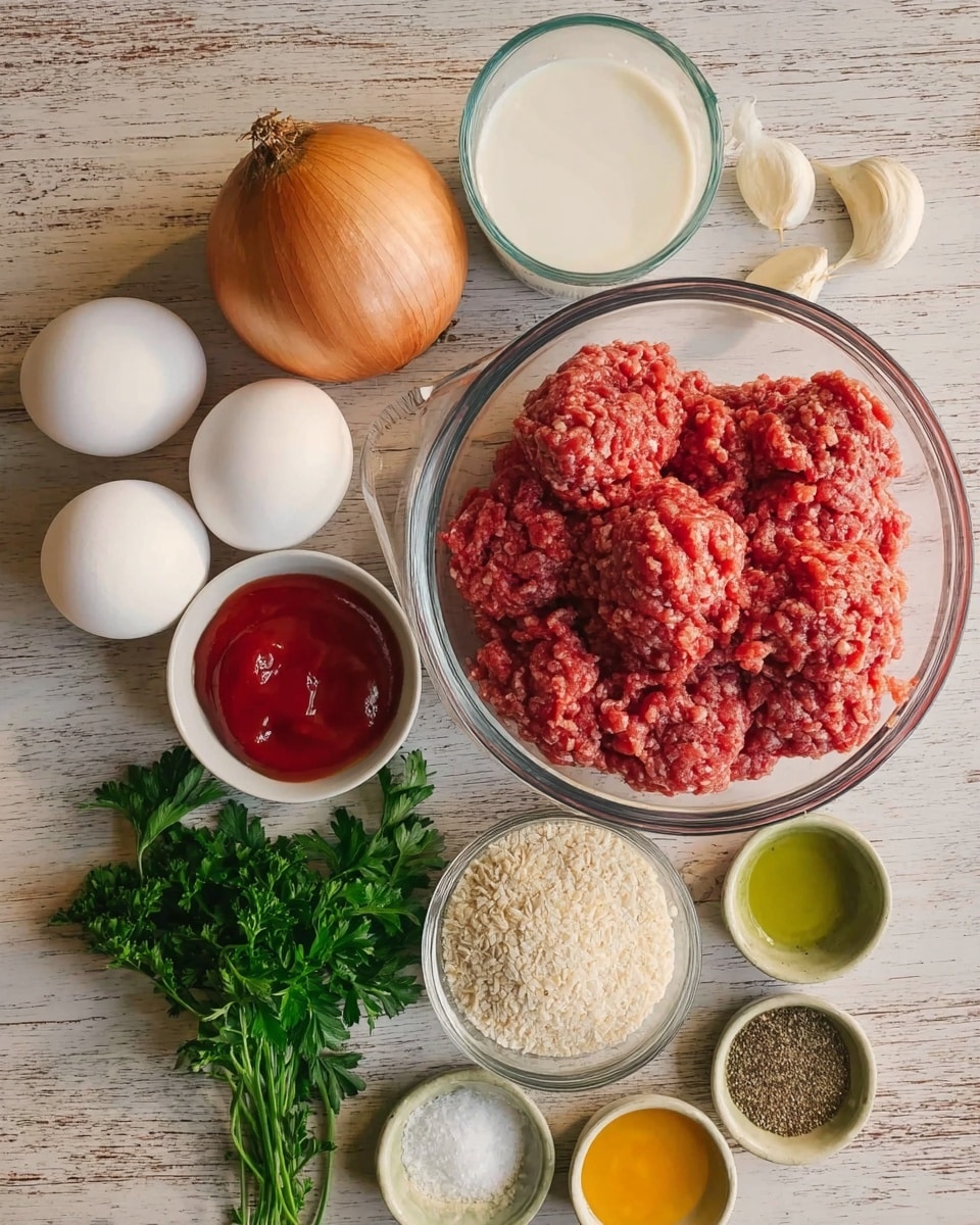 A clear glass bowl filled with raw ground meat sits at the top right on a light wooden surface replaced with a white marbled texture. On the left side lies a whole brown onion and two peeled garlic cloves. Below the onion and garlic, two white eggs are placed side by side. A small white bowl holds red ketchup near the eggs. Green leafy parsley is spread below the meat bowl. A light brown small bowl filled with white breadcrumbs is near the parsley. Next to the breadcrumbs is a clear glass measuring cup filled partially with milk. Three small bowls of spices in green, brown, and yellow are arranged near the bottom of the image, with black pepper, salt, and dried herbs inside them. Photo taken with an iphone --ar 4:5 --v 7