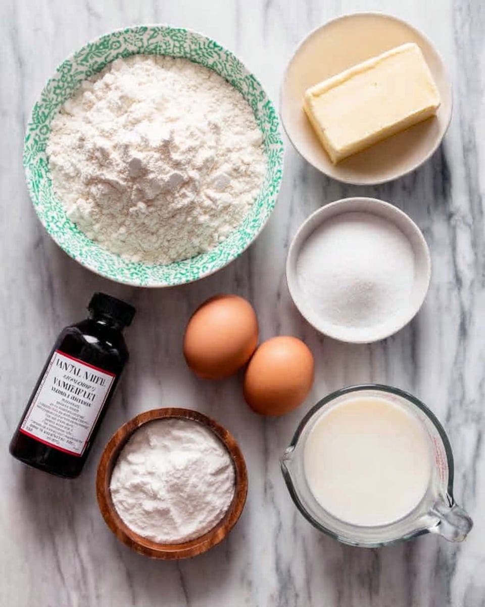 The image shows several ingredients neatly arranged on a white marbled surface. There is a white bowl with a green pattern filled with white flour on the top left, next to a rectangular stick of butter wrapped in paper. To the right, there is a white bowl filled with white sugar. Below the sugar bowl are two whole brown eggs placed side by side. A clear glass measuring cup with white milk is on the right side. Below the flour bowl, there is a small wooden bowl containing salt, and a small white bowl with baking powder. In the center is a dark bottle labeled vanilla extract. The items are spaced evenly and the colors range from white and brown to dark amber. Photo taken with an iphone --ar 4:5 --v 7